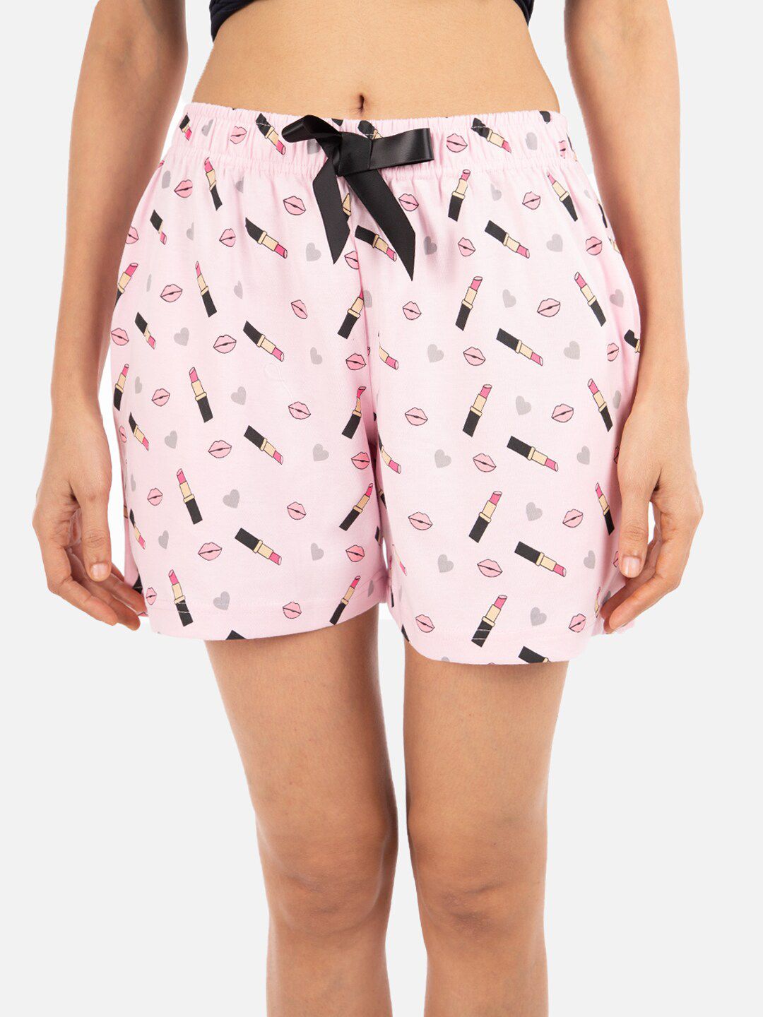 Nite Flite Women Pink & Black Printed Cotton Lounge Shorts Price in India