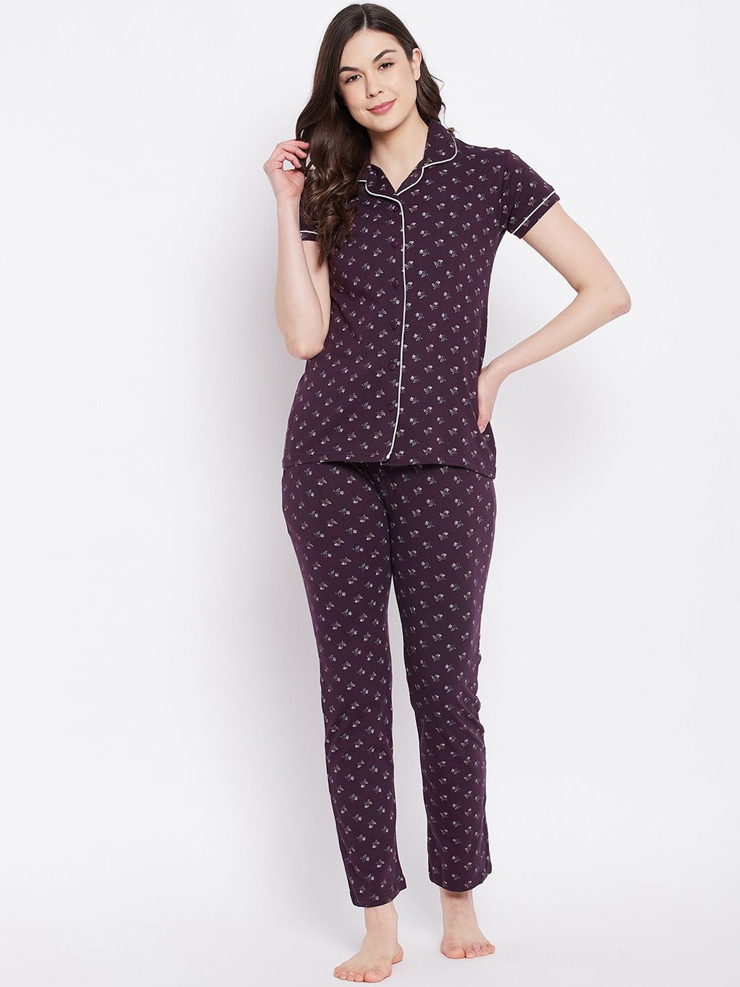 Camey Women Brown Printed Pure Cotton Night Suit
