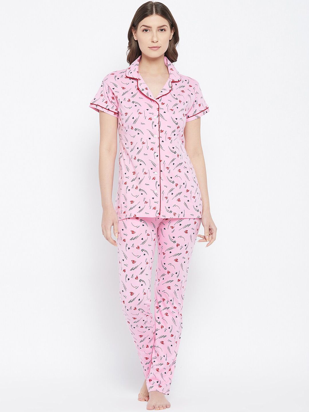 Camey Women Pink & Red Printed Pure Cotton Night Suit