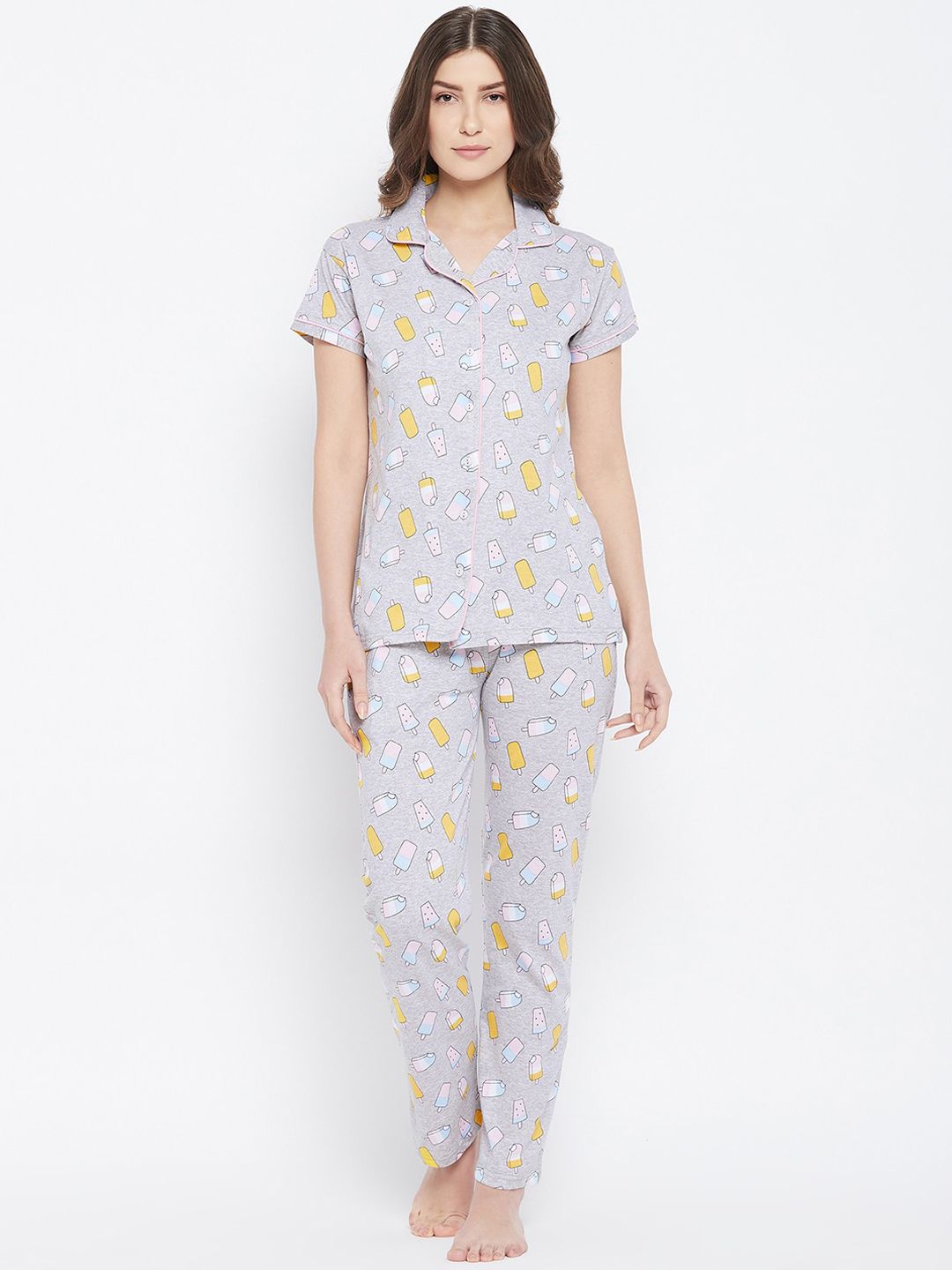 Camey Women Grey & Mustard Printed Night suit NSH-709-D-GREY-M