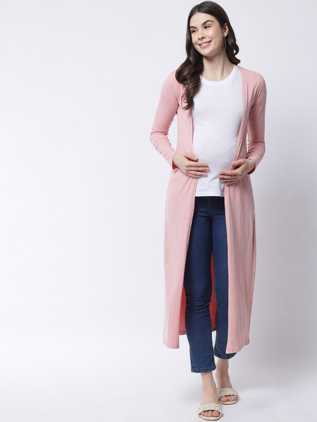 The Vanca Women Pink Solid Maternity Longline Open Front Shrug Price in India