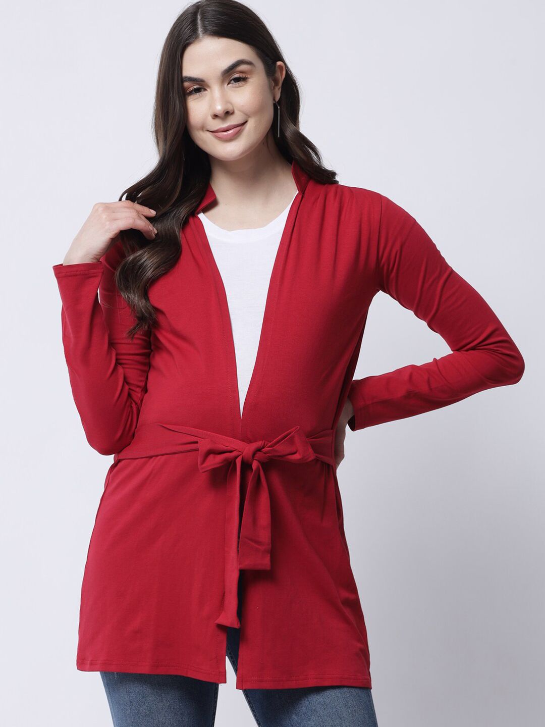 The Vanca Women Red Maternity Longline Tie-Up Shrug Price in India