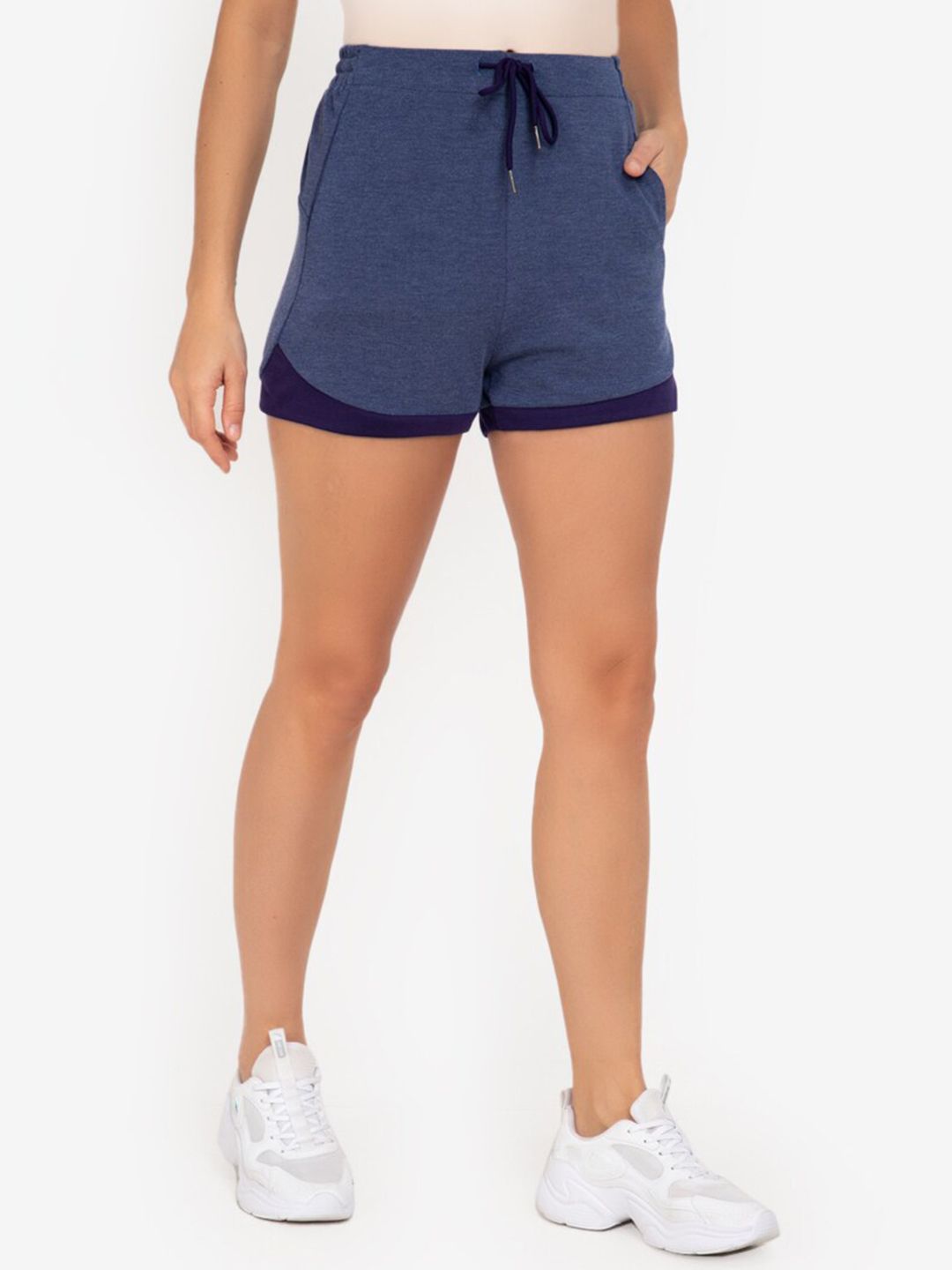 ZALORA ACTIVE Women Navy Blue Colourblocked High-Rise Sports Shorts Price in India