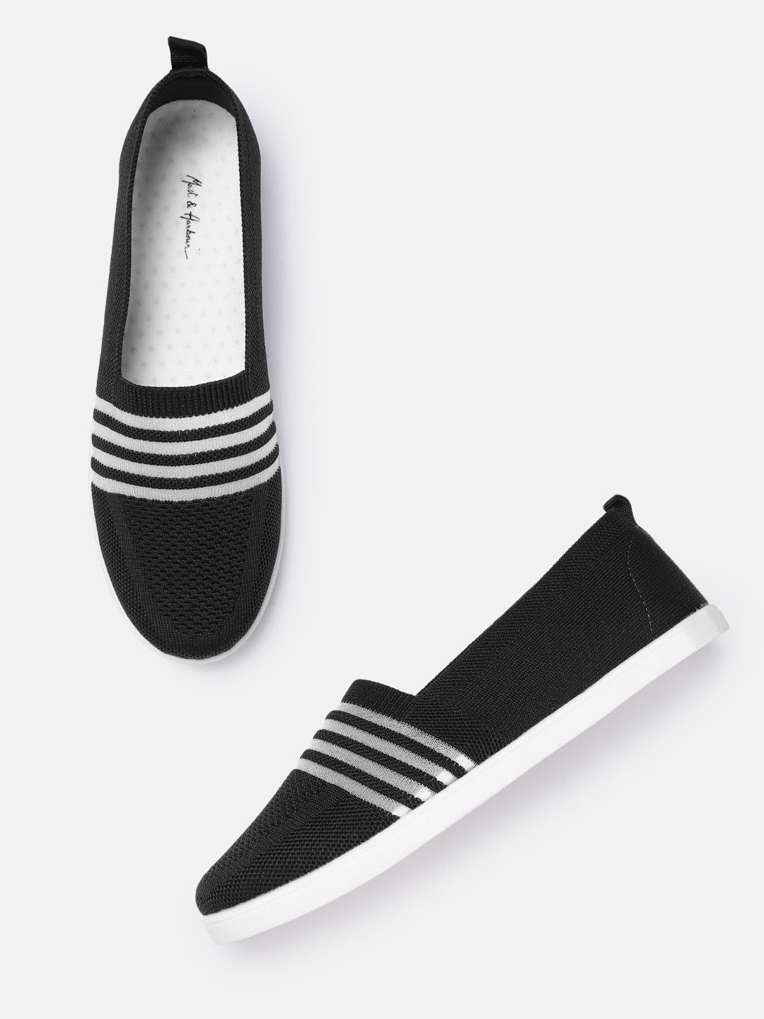 Mast & Harbour Women Black & White Striped Slip-On Sneakers Price in India