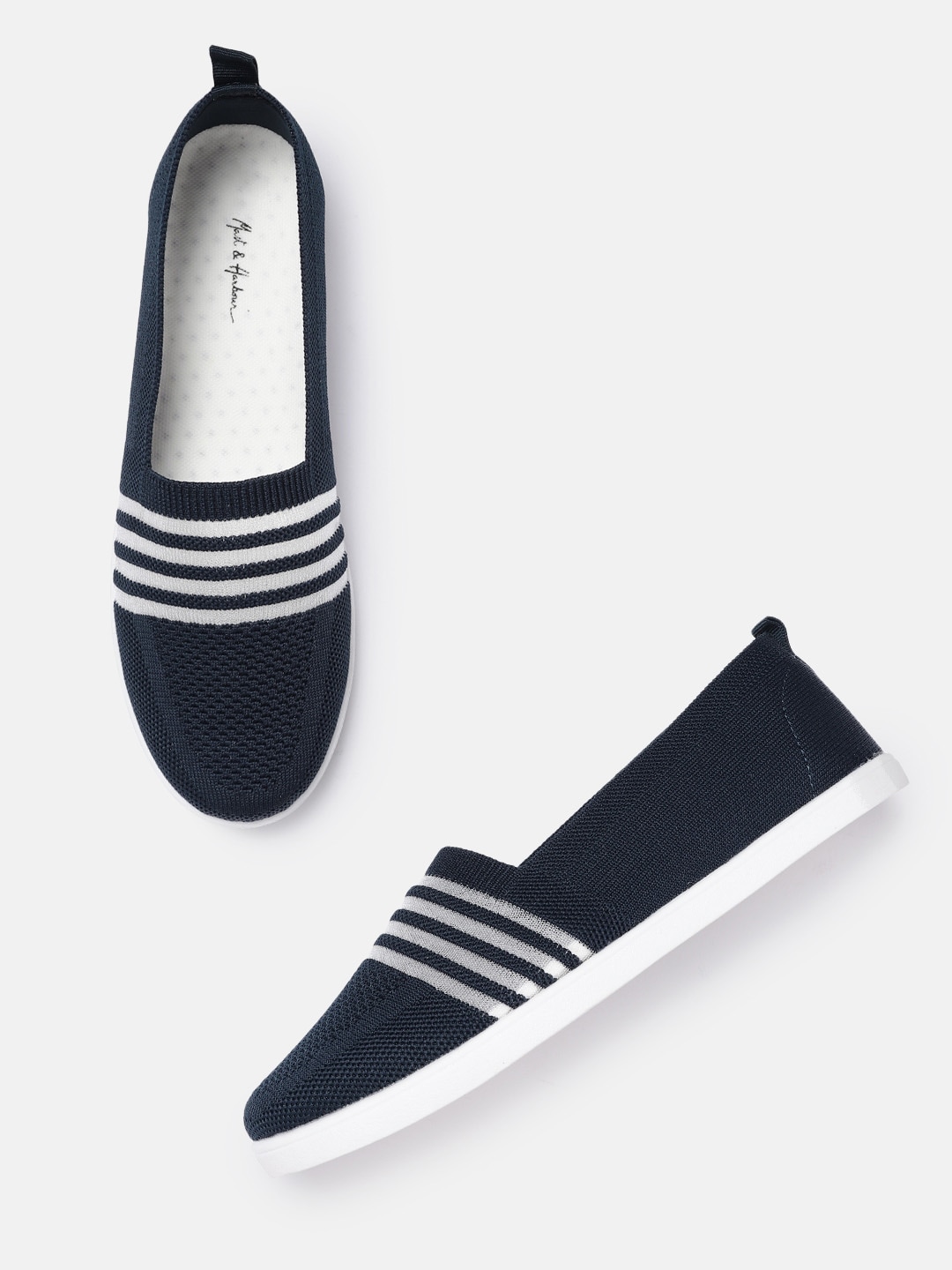 Mast & Harbour Women Navy Blue & White Striped Slip-On Sneakers Price in India