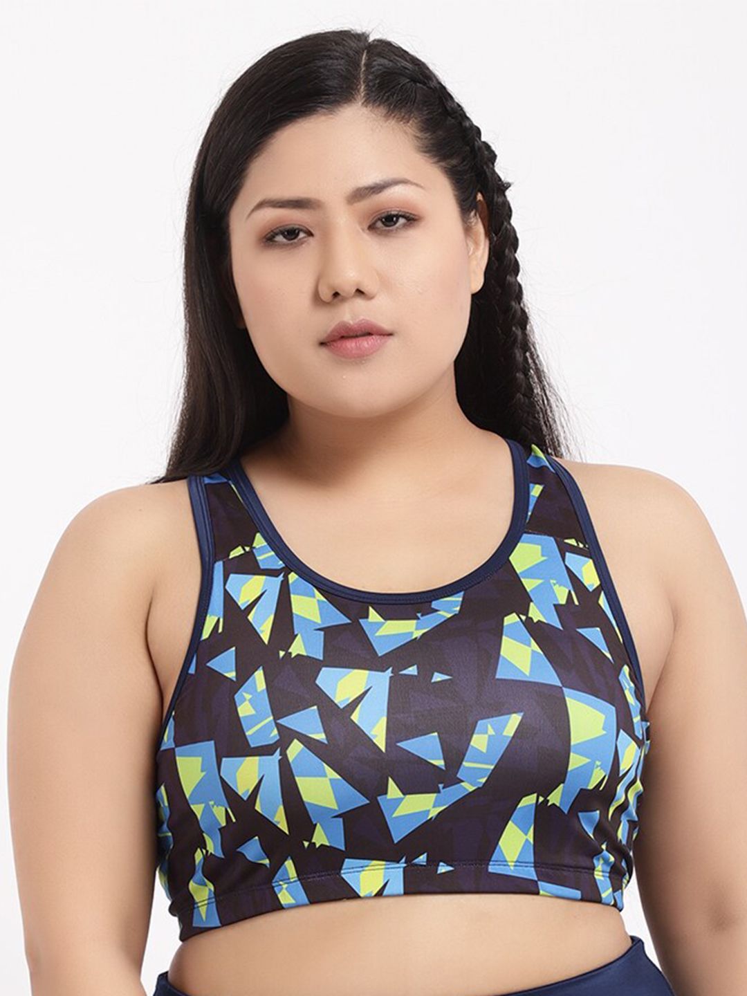 STUDIOACTIV Plus Size Blue & Yellow Geometric Sports Bra Price in India