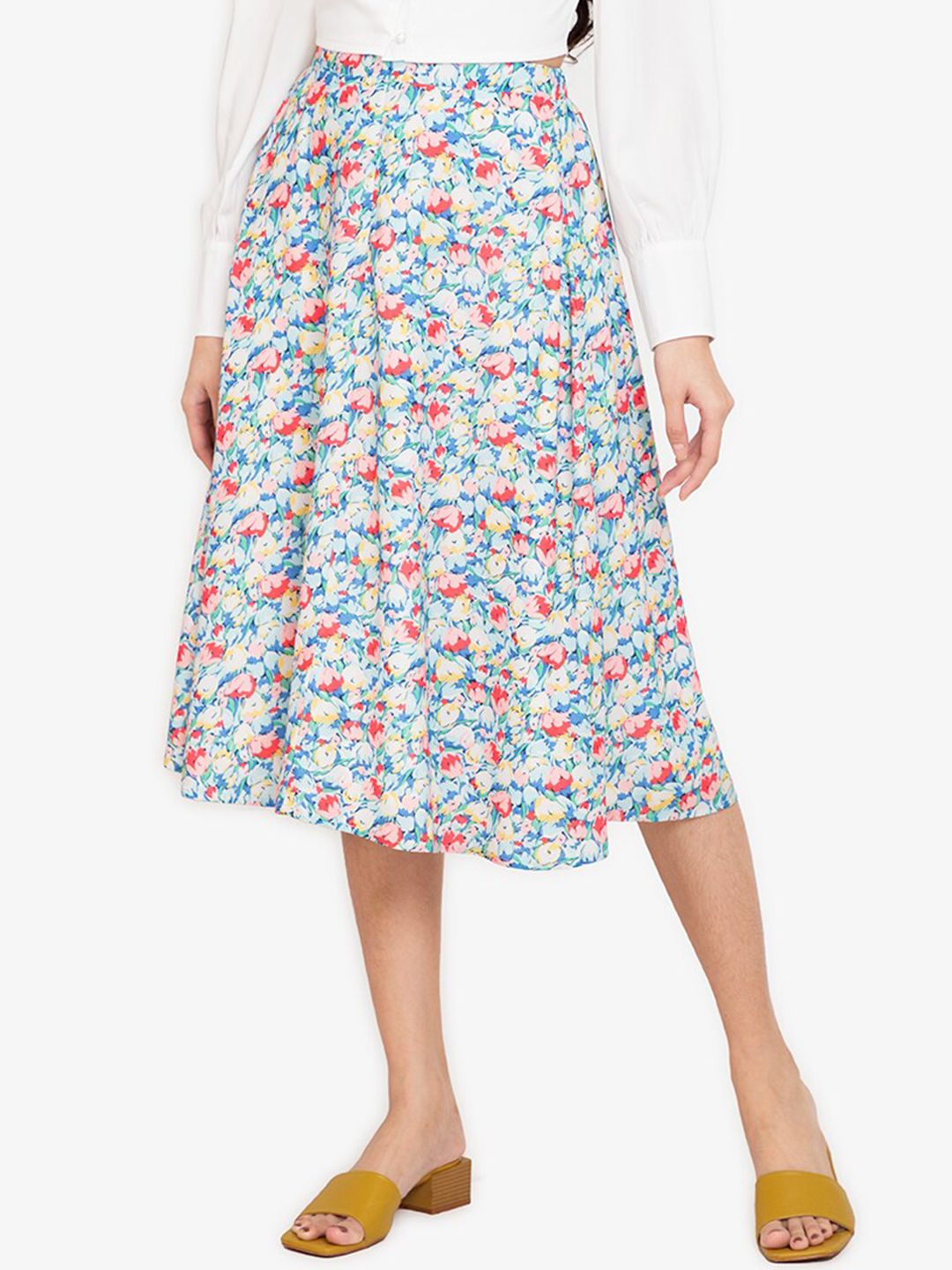 ZALORA BASICS Women Multicoloured Floral Print Recycled Polyester Midi Flare Skirt