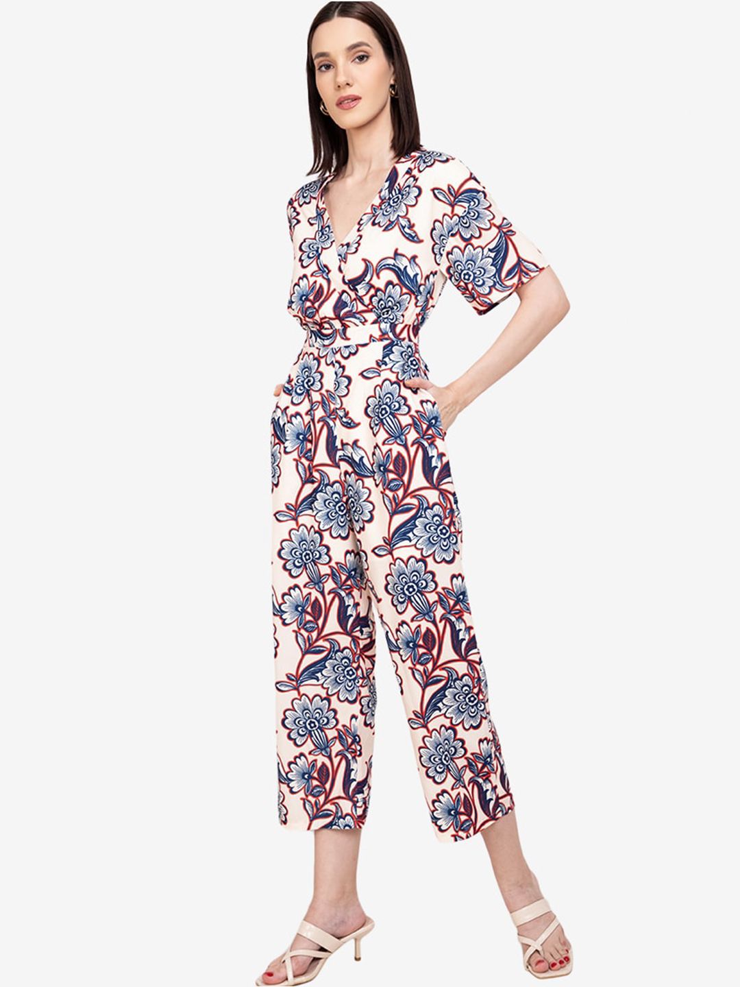 ZALORA WORK Off White & Blue Printed Basic Jumpsuit Price in India