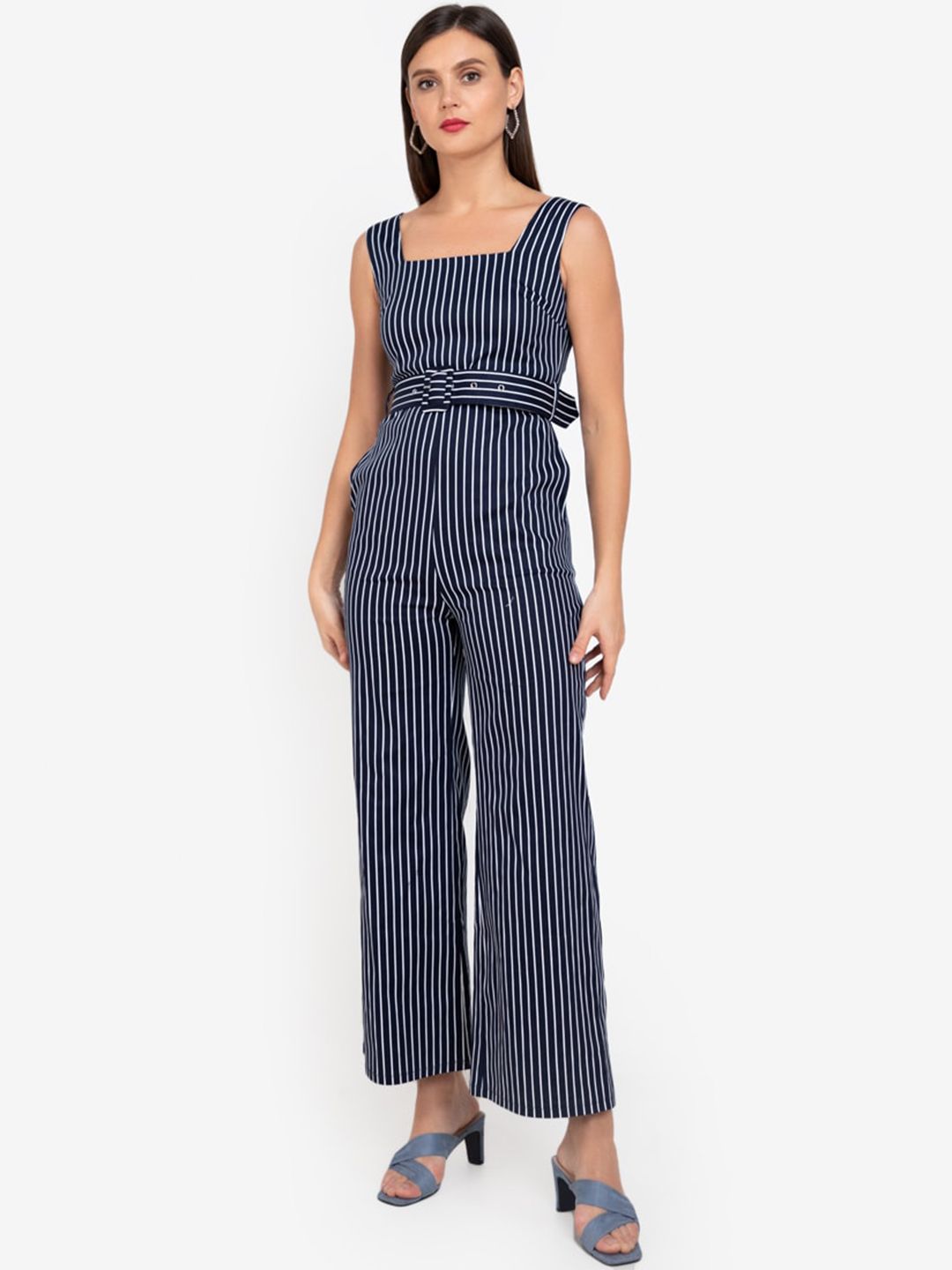 ZALORA WORK Blue & White Striped Culotte Jumpsuit Price in India