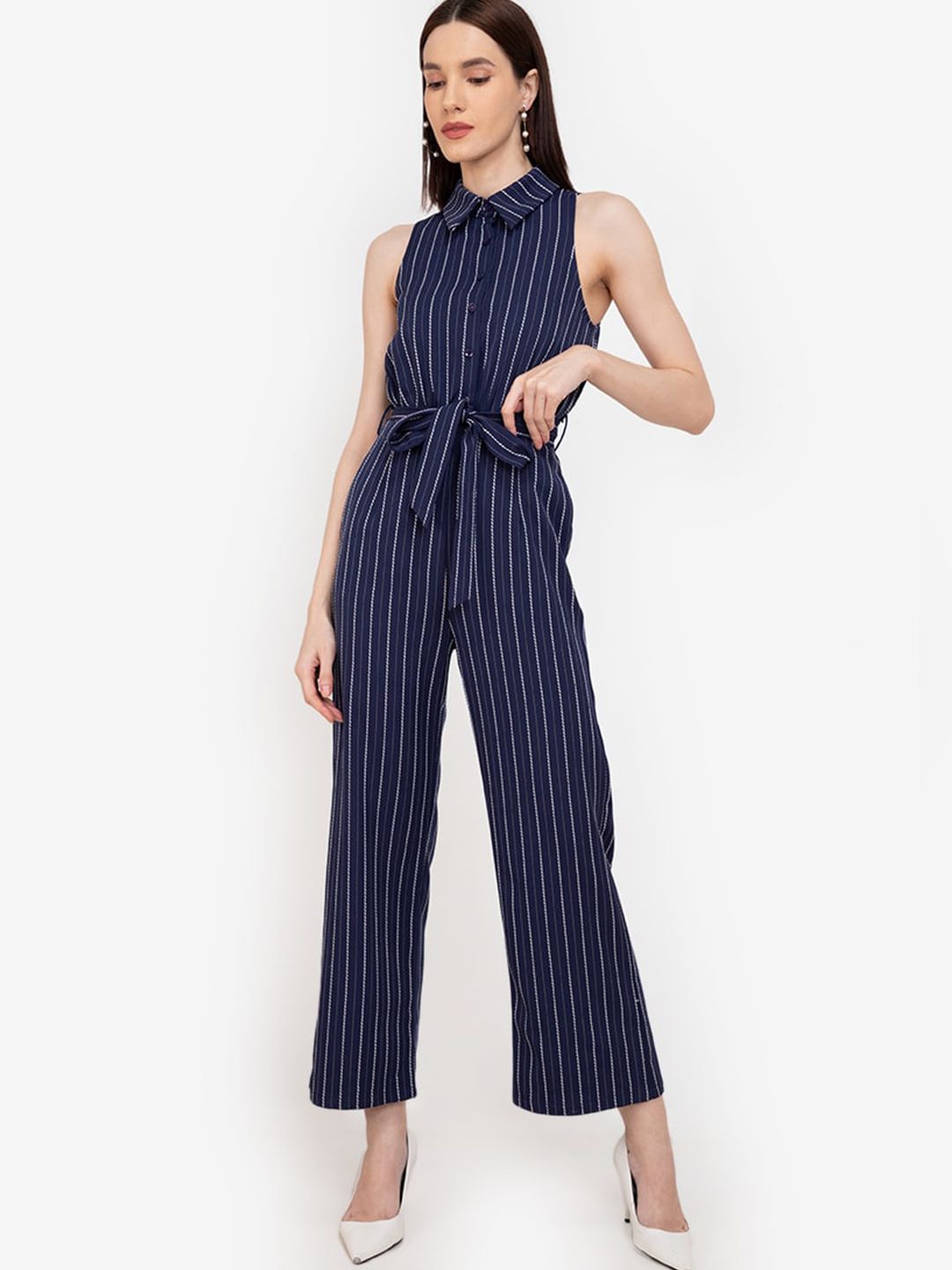 ZALORA WORK Women Navy Blue Striped Culotte Jumpsuit Price in India