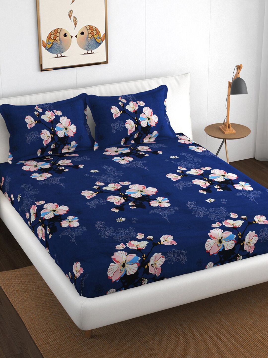 Florida Blue & Pink Floral 144 TC King Bedsheet with 2 Pillow Covers Price in India