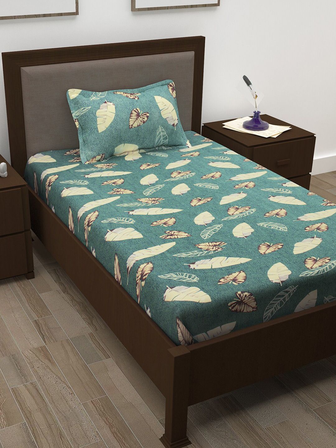 Story@home Sea Green & Cream-Coloured Floral 210 TC Single Bedsheet with 1 Pillow Covers Price in India