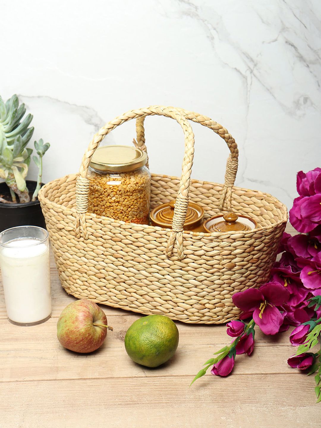 HABERE INDIA Beige Solid Starw Storage Basket Price in India