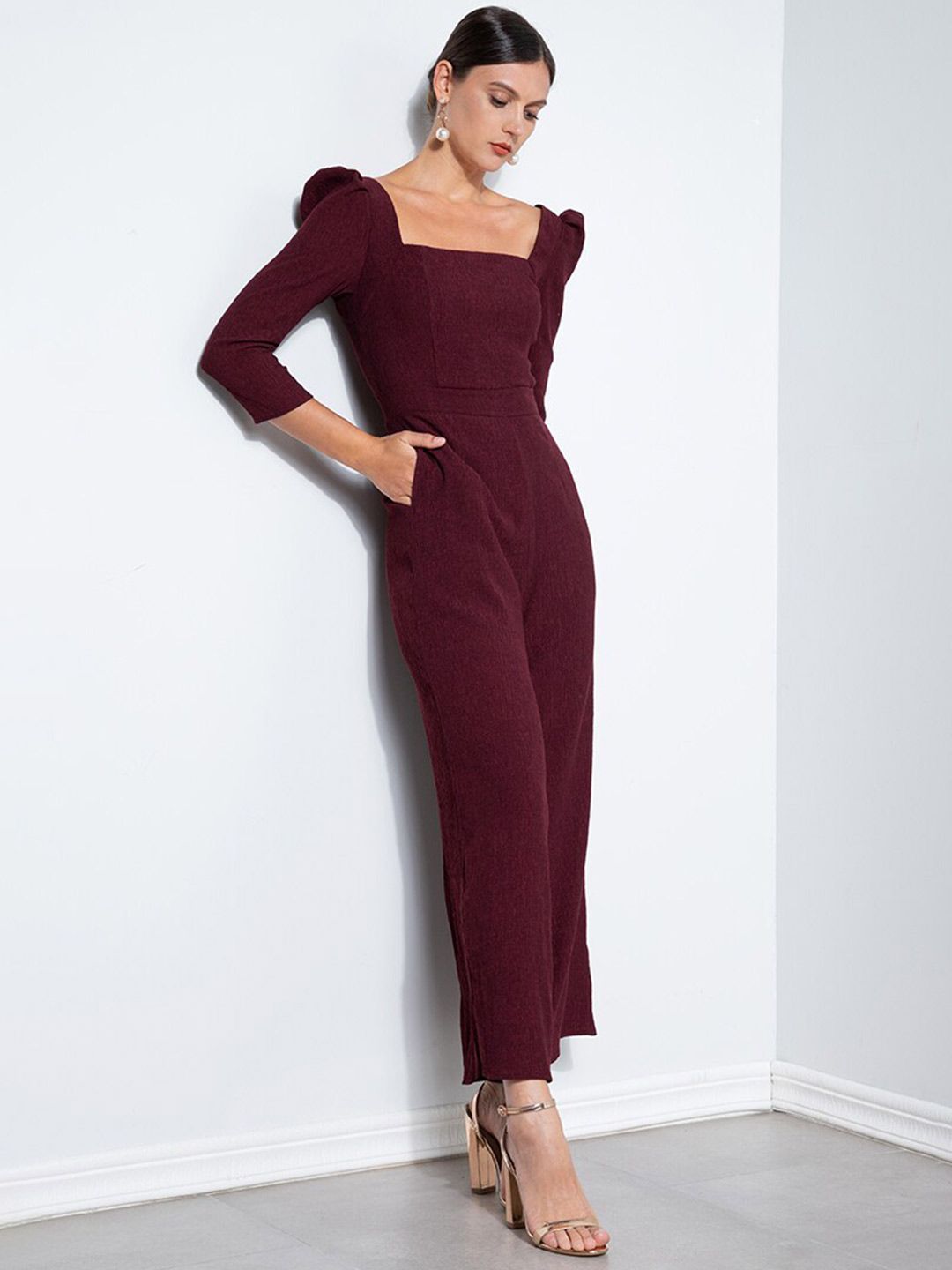 ZALORA OCCASION Women Burgundy Textured Jumpsuit Price in India