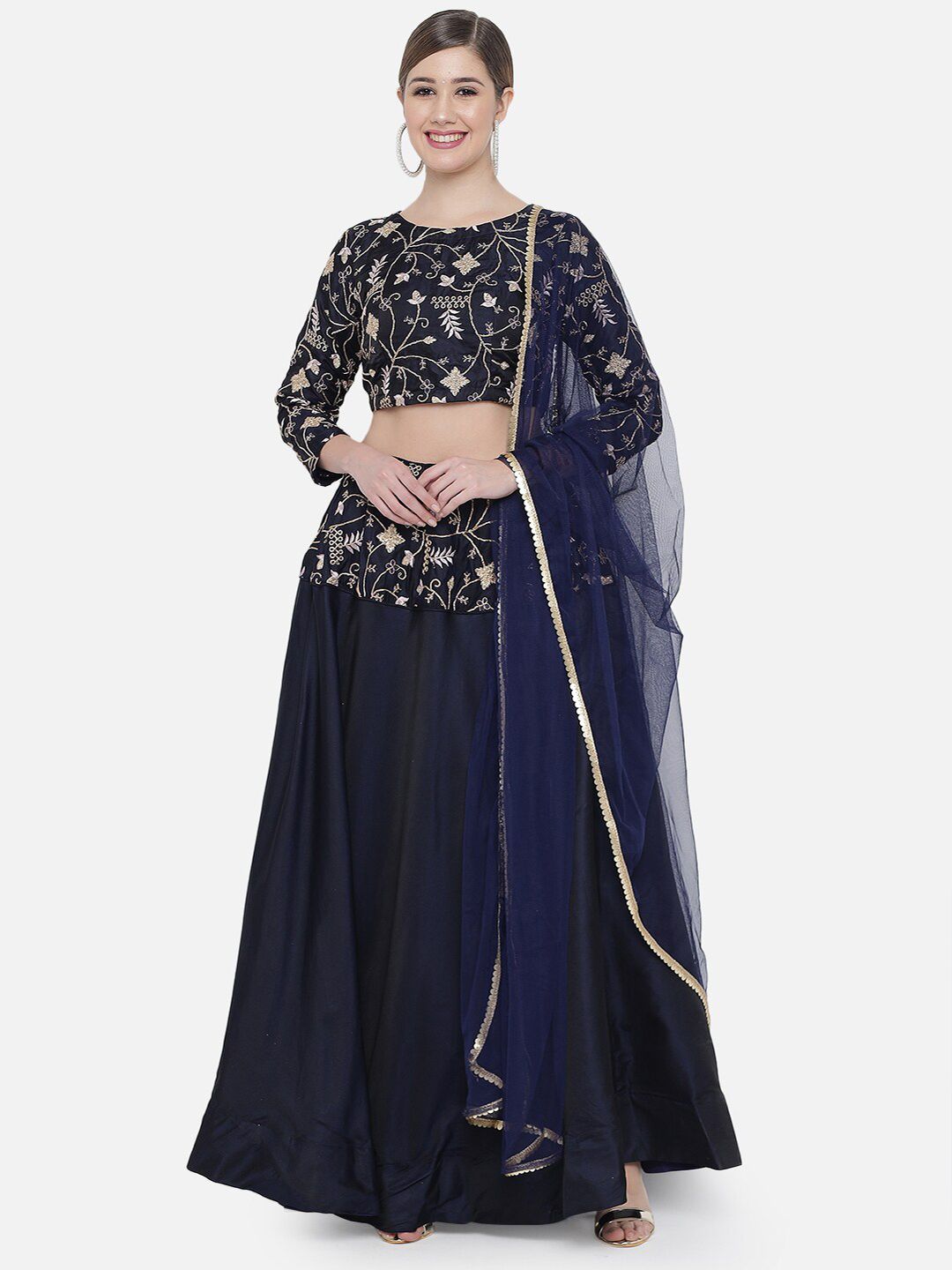 Mitera Navy Blue & Golden Ready to Wear Lehenga & Unstitched Blouse With Dupatta Price in India