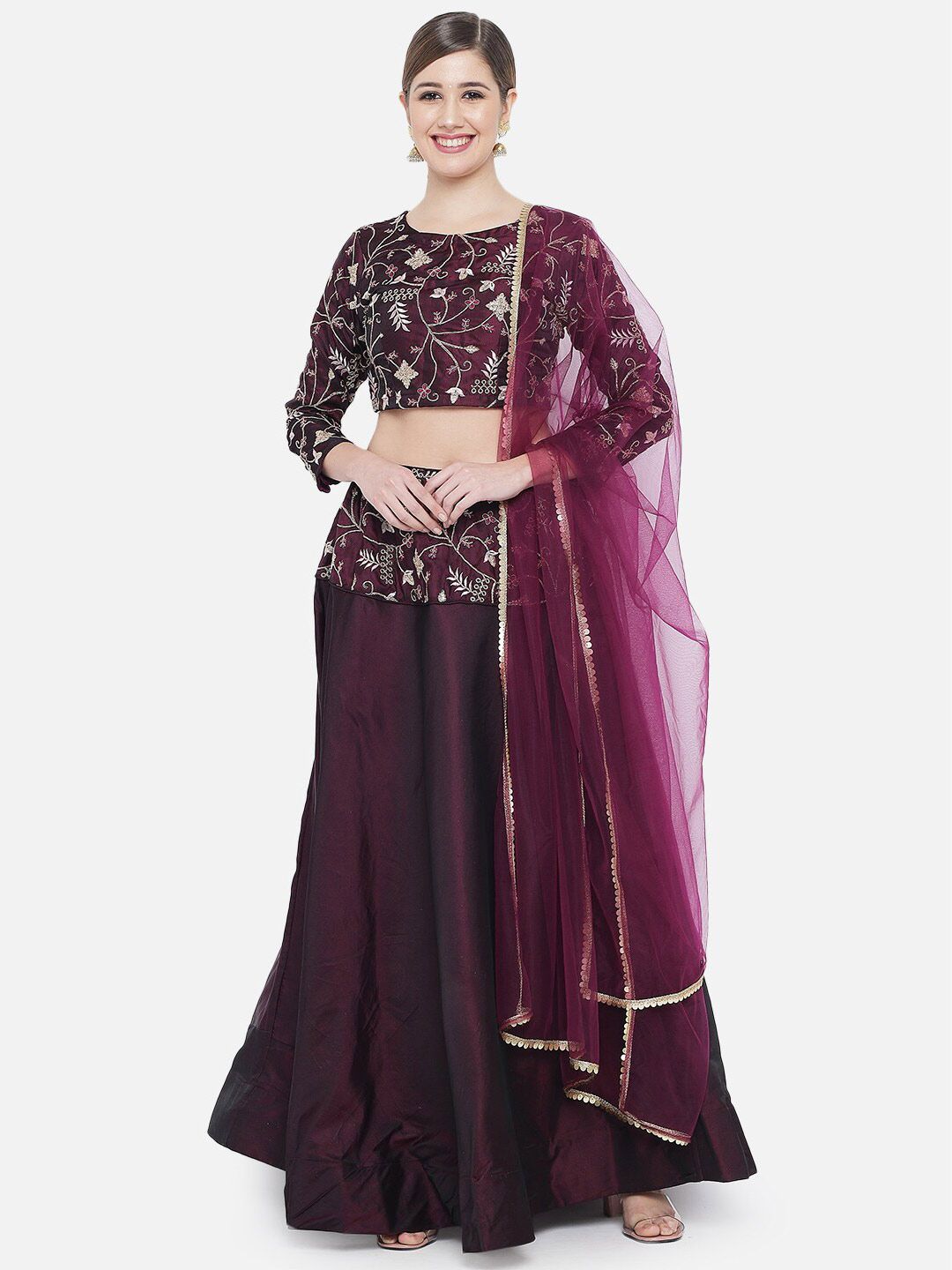 Mitera Burgundy & Gold Embroidered Ready to Wear Lehenga & Unstitched Choli With Dupatta Price in India