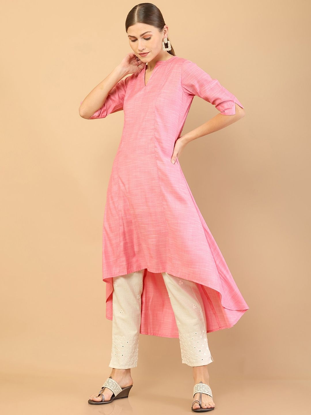 Soch Women Pink Solid Mandarin Collar High-Low A-line Kurta Price in India