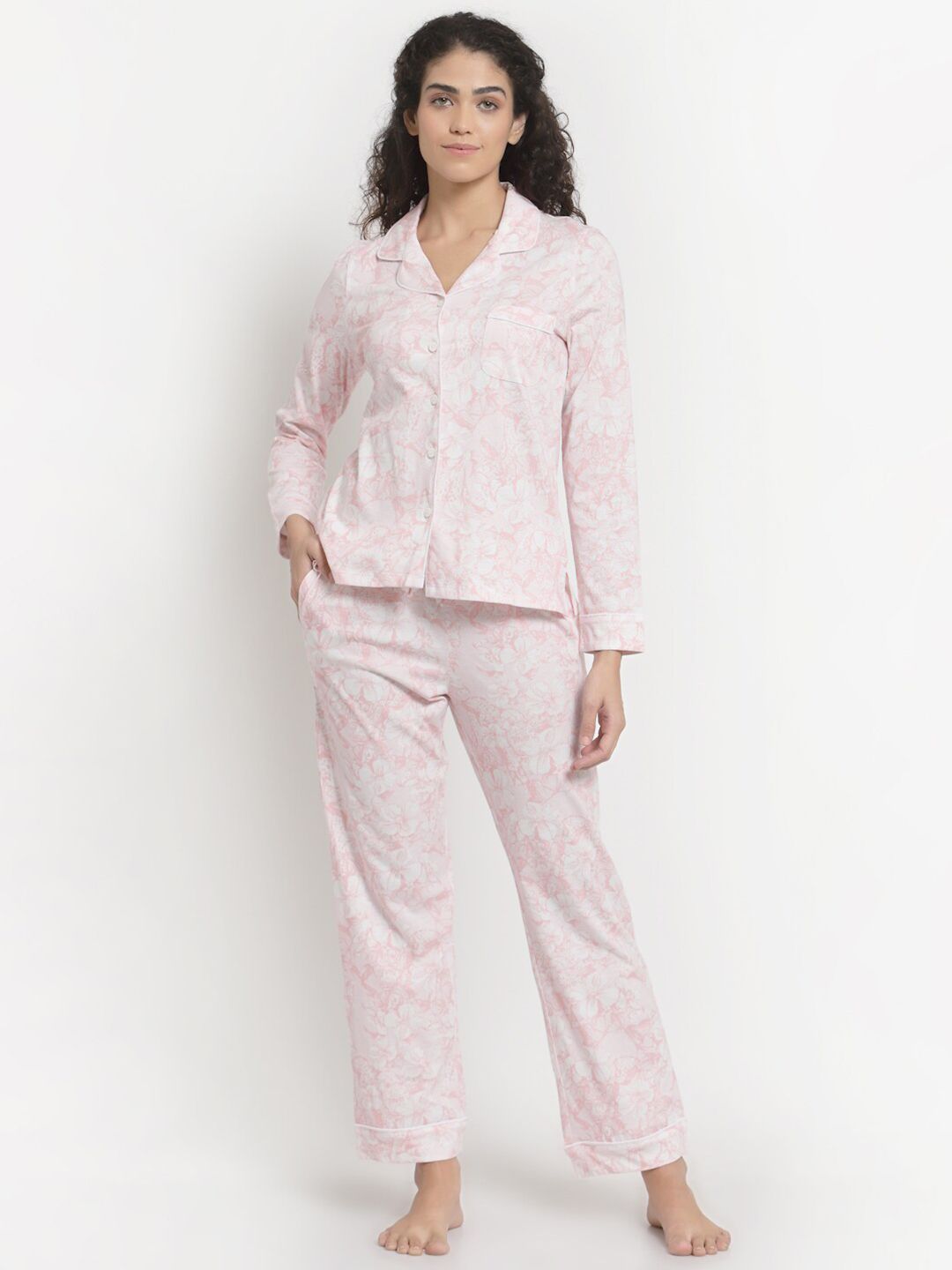 YOONOY Women Pink & White Printed Night suit YWSS22LSET1254 Price in India