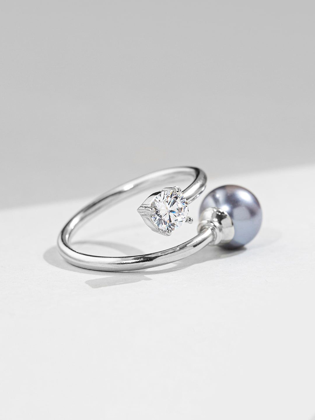 Mikoto by FableStreet Women Grey Sterling Silver Zircon Natural Pearl Ring Price in India