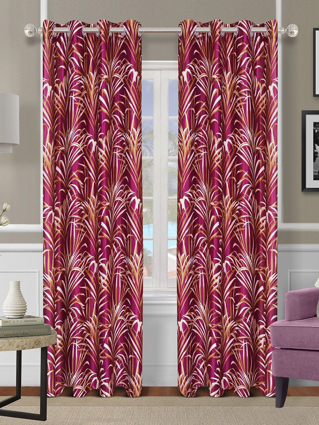 ROMEE Set of 2 Maroon Floral Printed Room Darkening Door Curtain Price in India