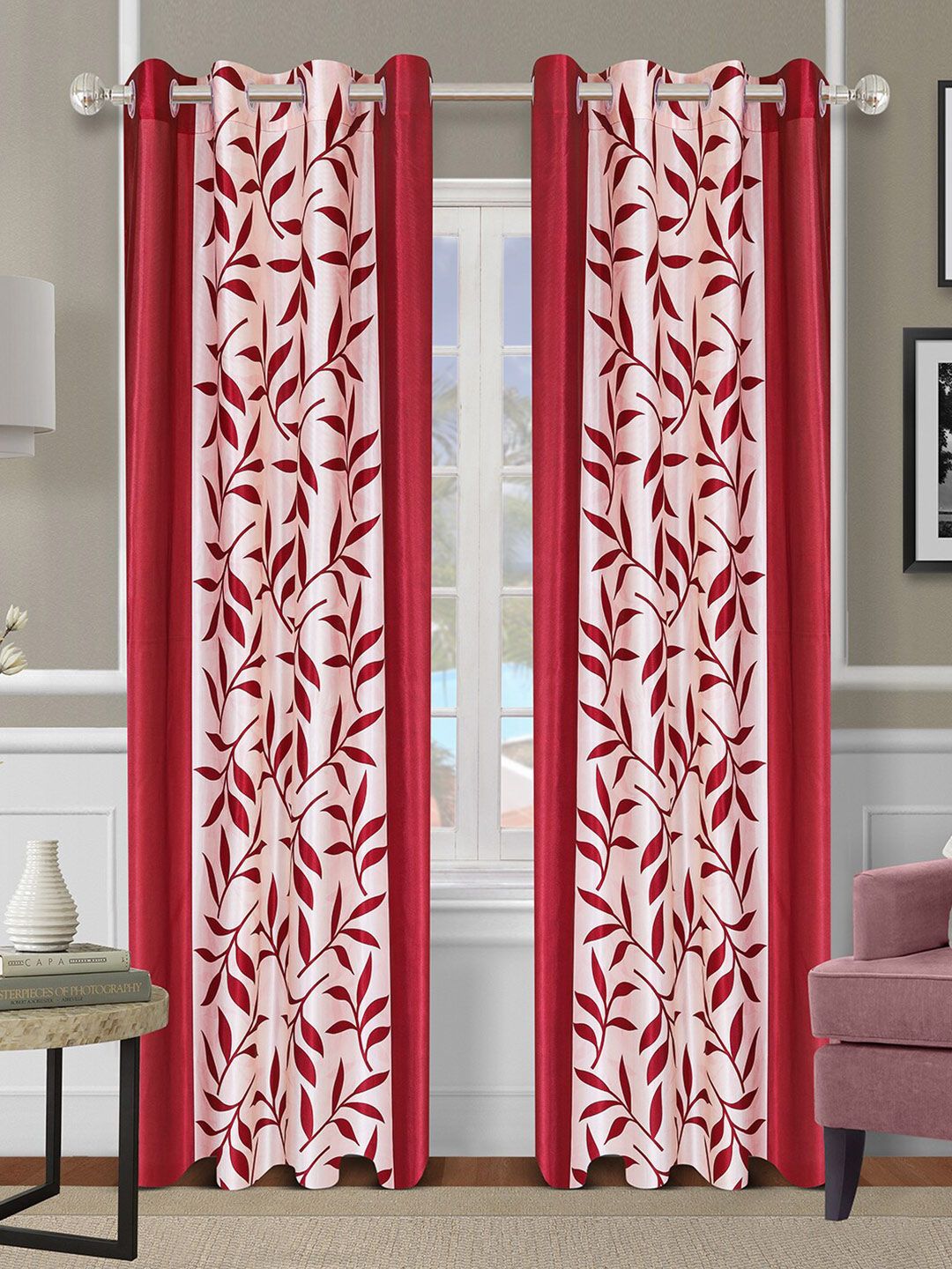 ROMEE Set Of 2 Maroon Floral Printed Room Darkening Long Door Curtains Price in India