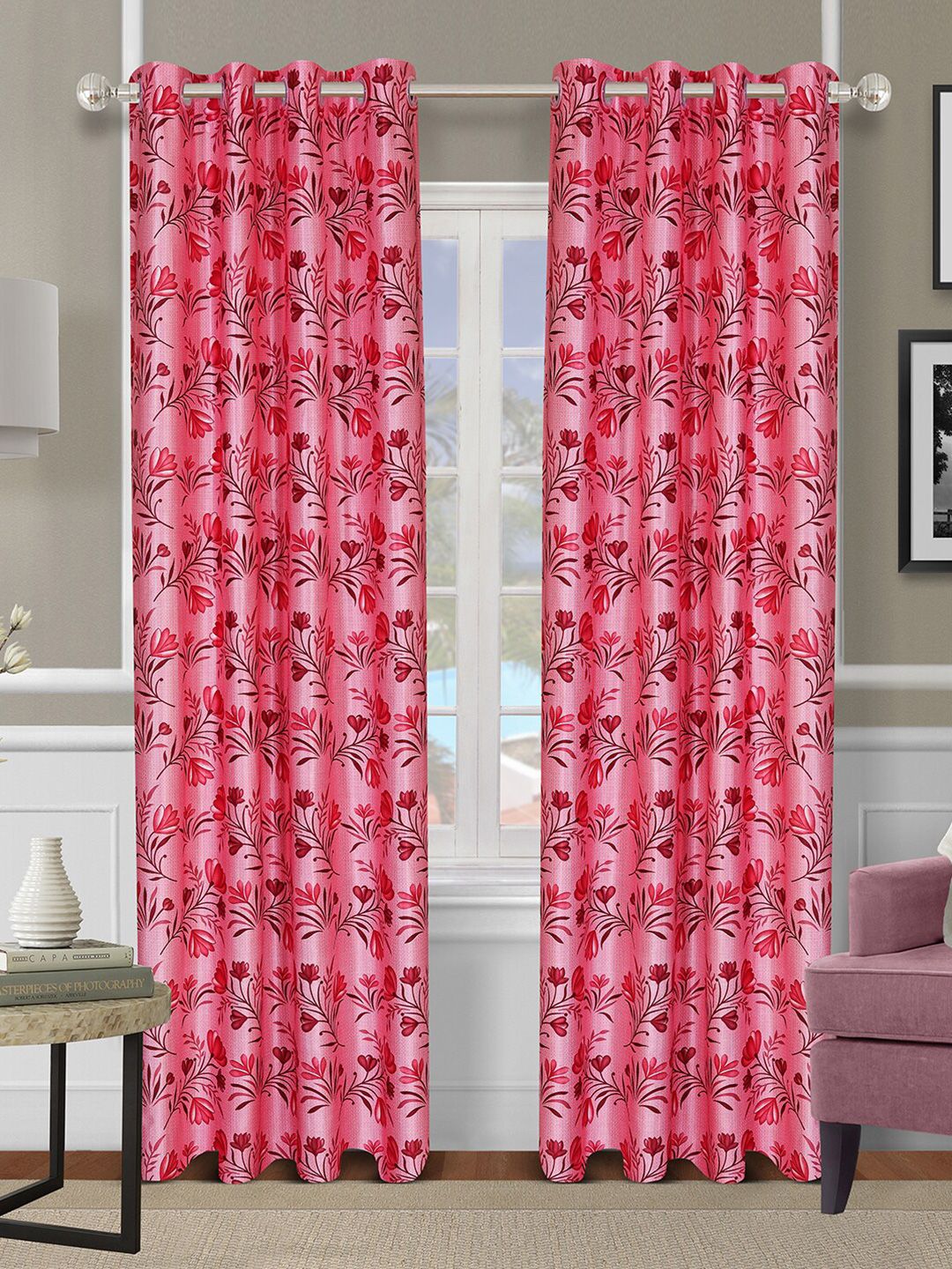 ROMEE Pink Set of 2 Floral Room Darkening Door Curtain Price in India