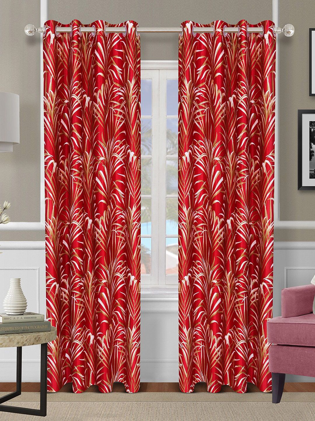 ROMEE Set Of 2 Red Floral Printed Room Darkening Long Door Curtains Price in India
