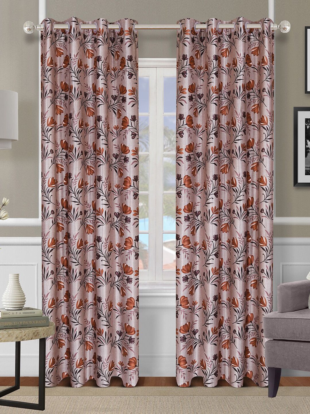 ROMEE Set of 2 Brown & Pink Floral Room Darkening Long Door Curtains Price in India