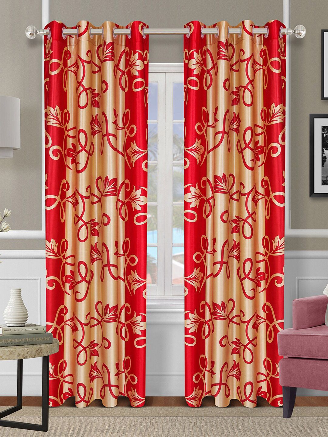 ROMEE Red Set of 2 Floral Room Darkening Long Door Curtain Price in India