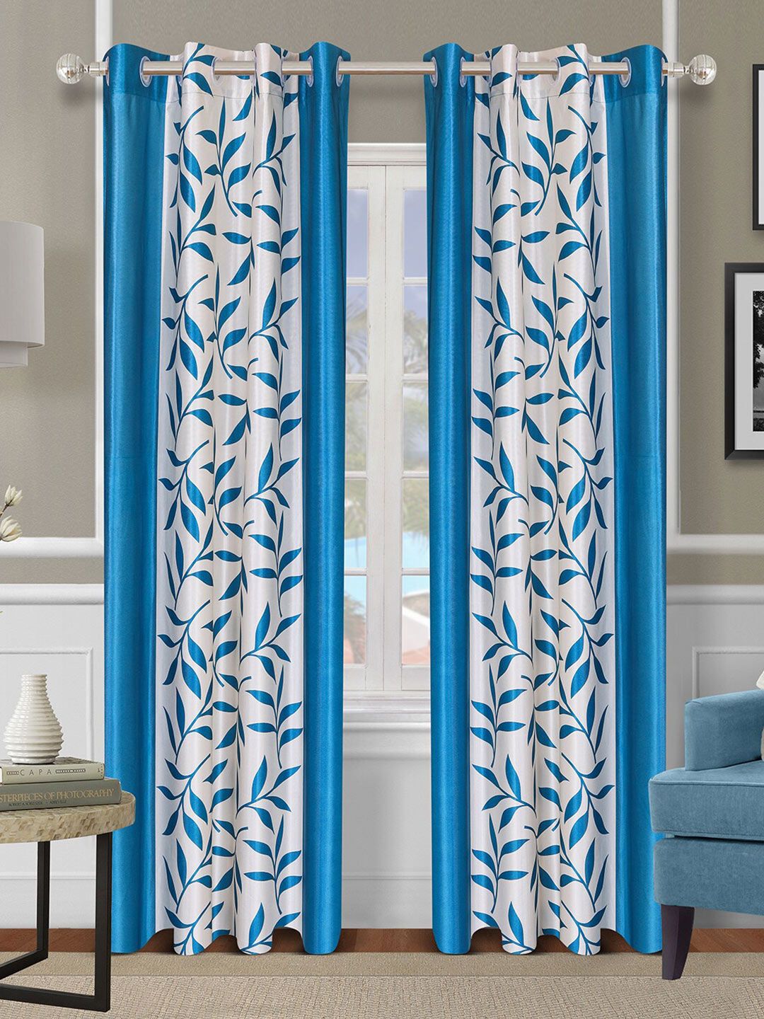 ROMEE Blue & White Set of 2 Floral Room Darkening Door Curtain Price in India