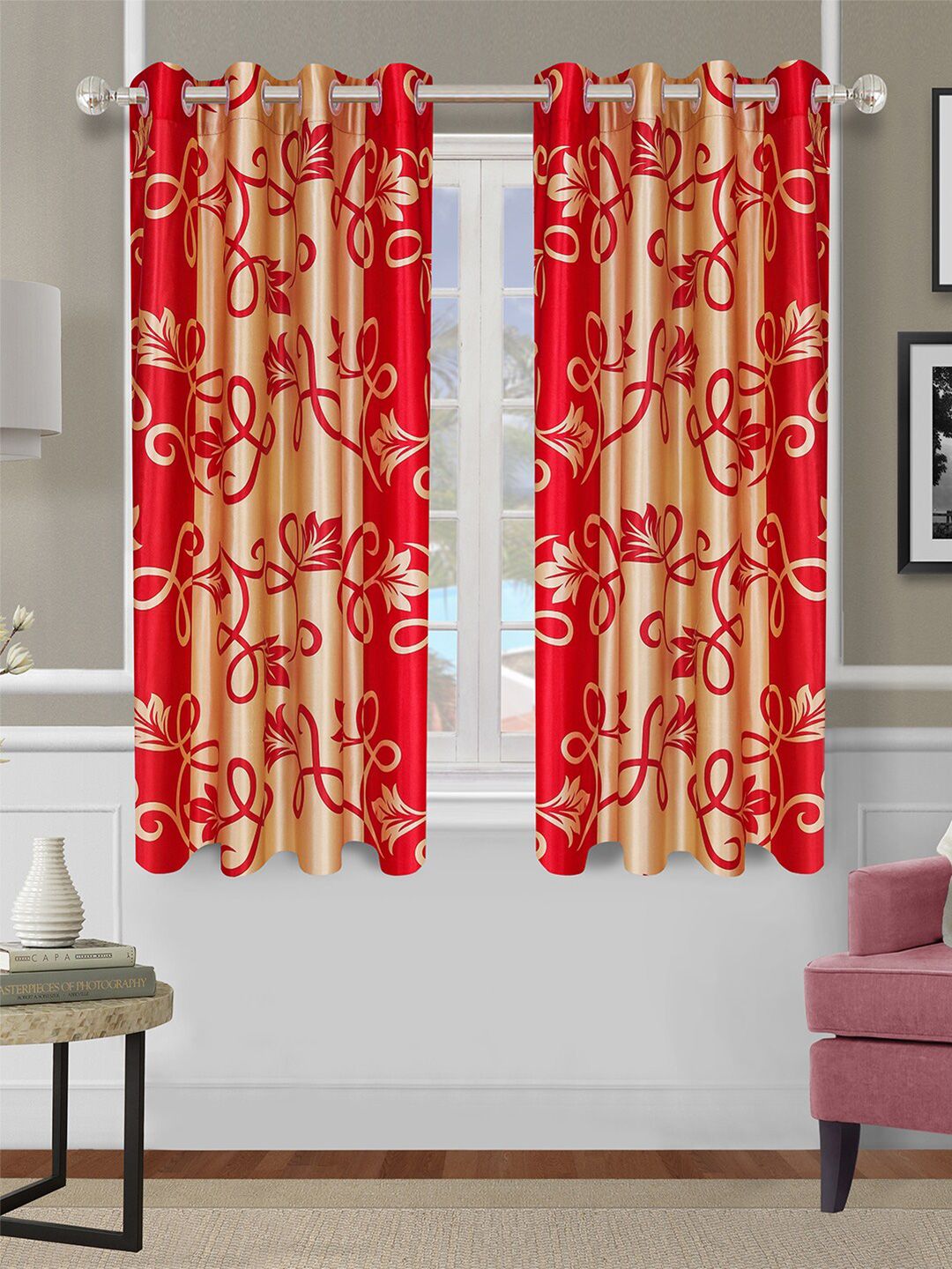 ROMEE Pack Of 2 Gold & Red Printed Room Darkening Window Curtains Price in India