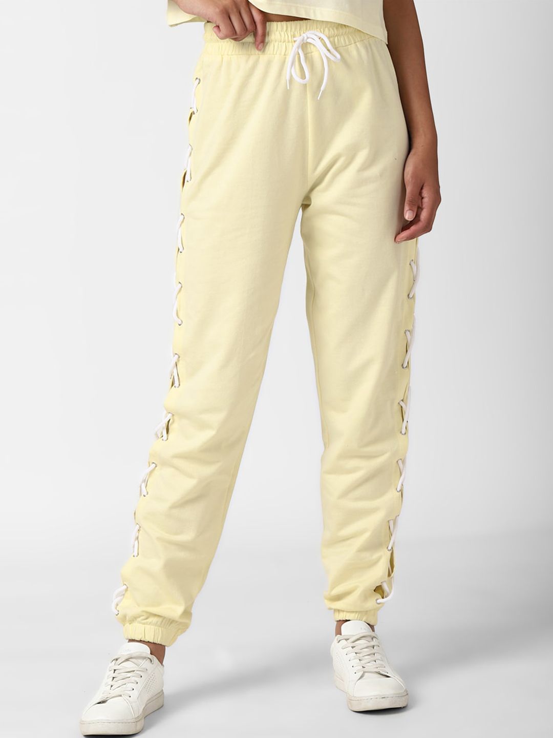 FOREVER 21 Women Yellow Solid Joggers Cotton Trousers Price in India