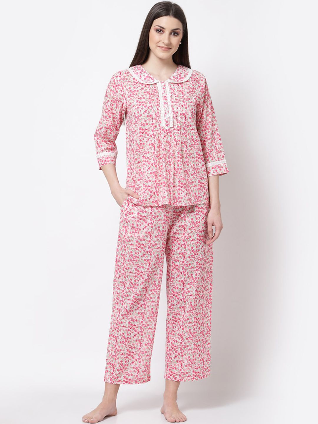 BLANC9 Women Rose Gold & White Pure Cotton Printed Night suit Price in India