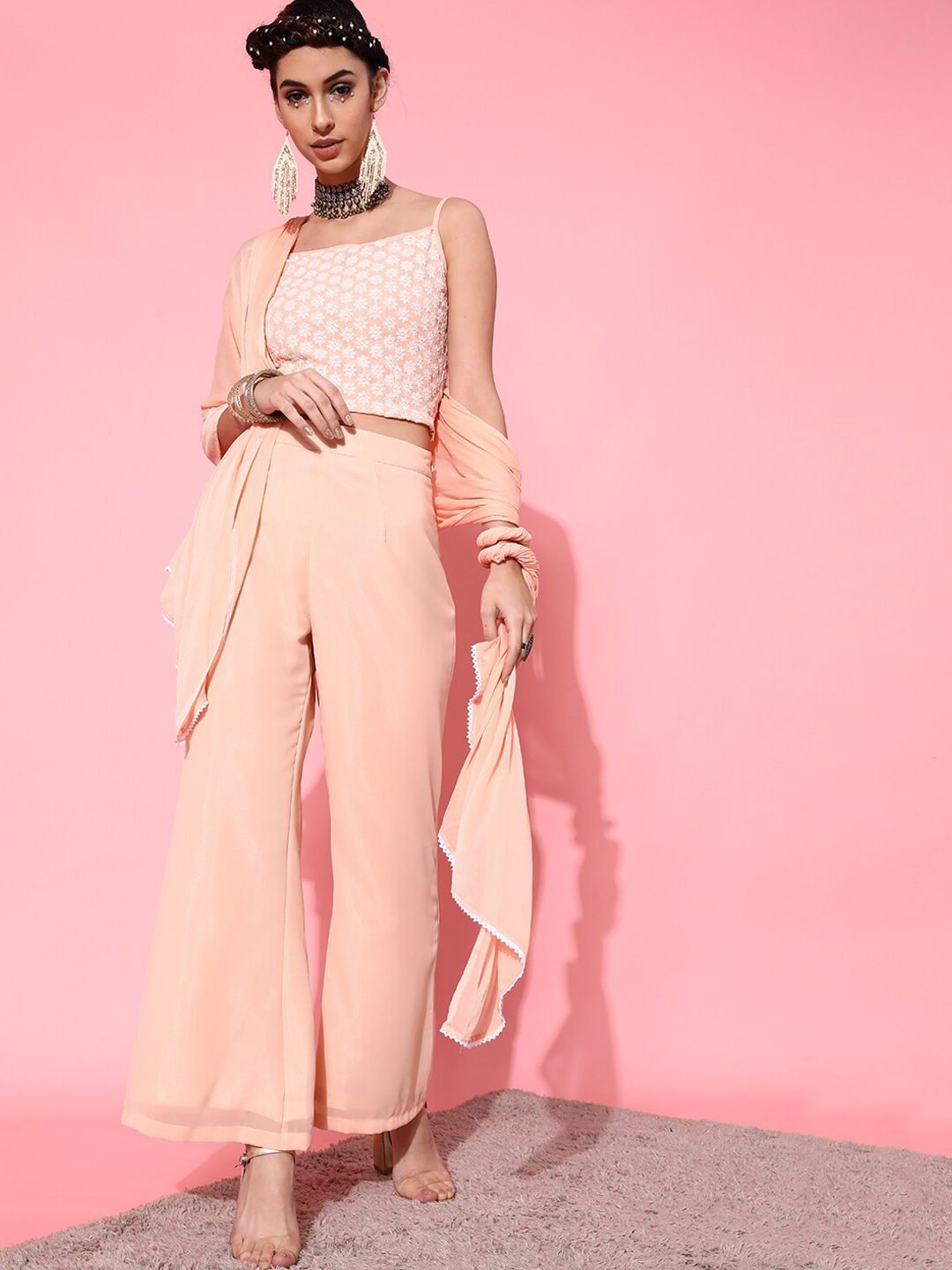 STREET 9 Women Peach-Coloured Embroidered Top with Trousers and Dupatta Price in India