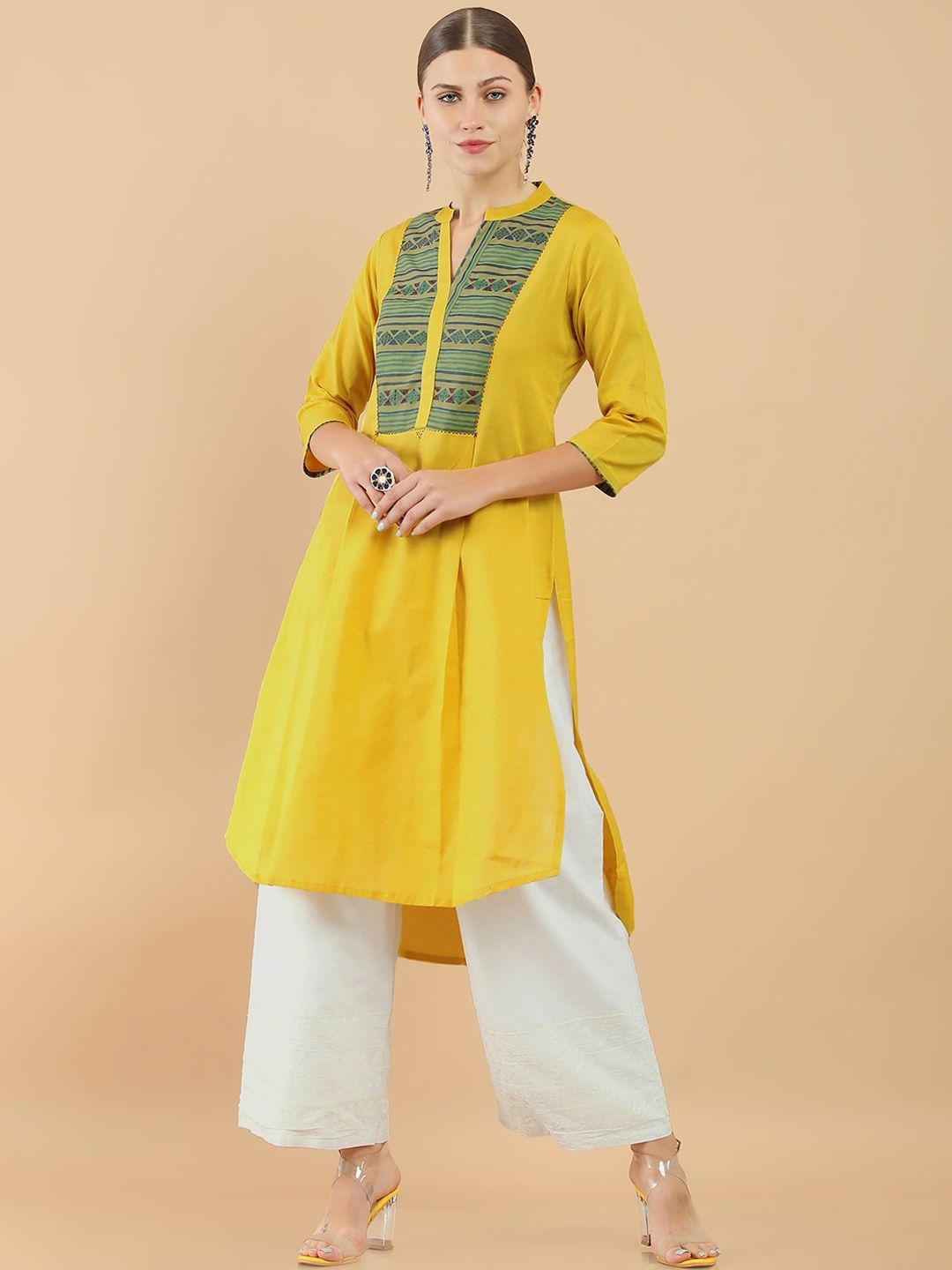Soch Women Yellow Geometric Yoke Design Cotton Kurta Price in India