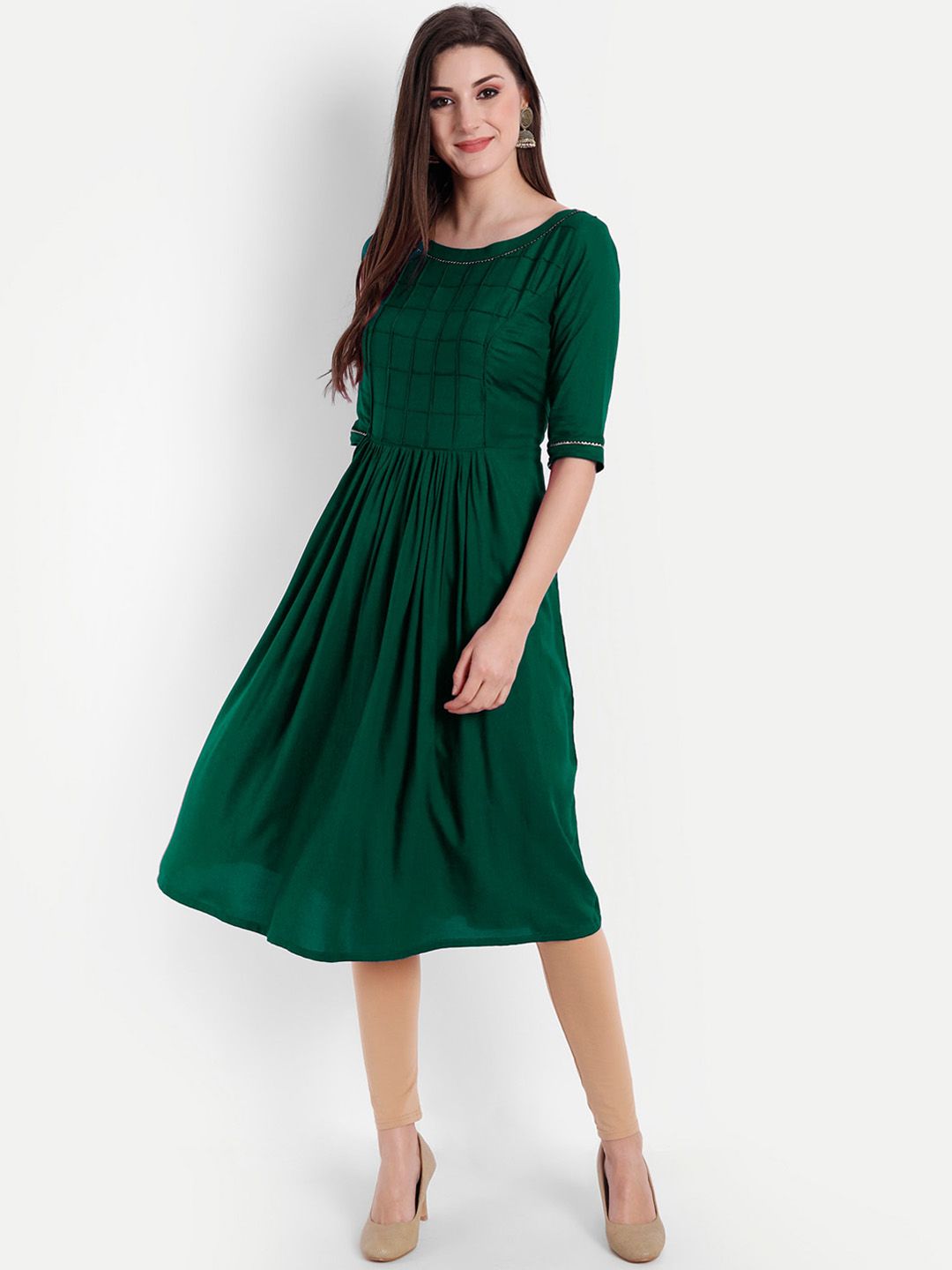 Globon Impex Green Pin-Tuck Ethnic Fit & Flare Dress Price in India