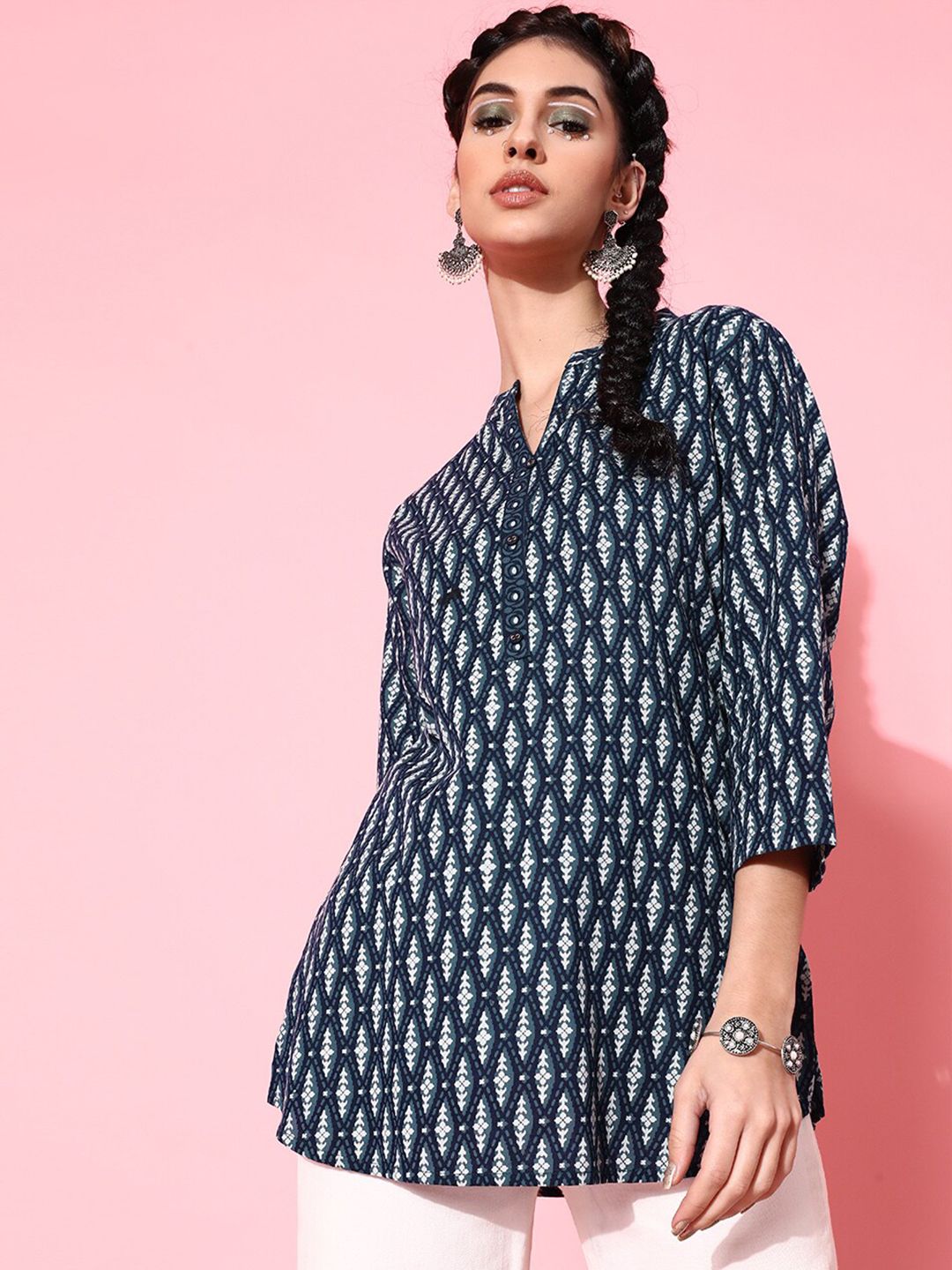 STREET 9 Navy Blue & Grey Geometric Printed Pure Cotton Kurti Price in India