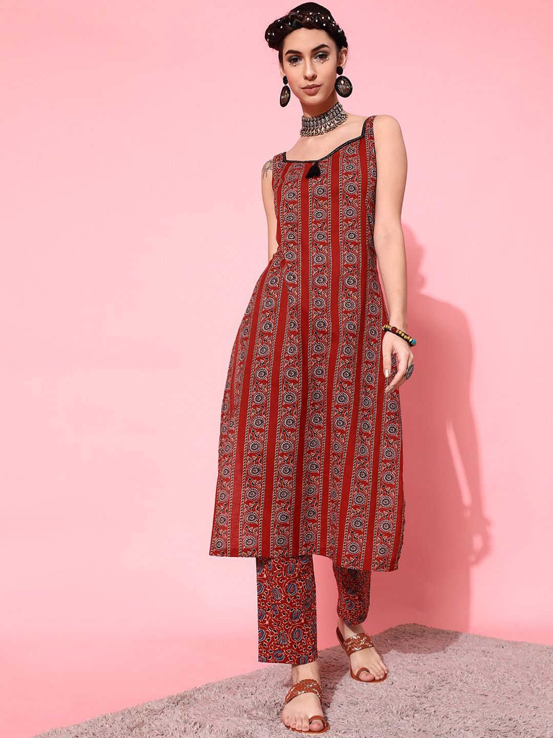 STREET 9 Women Maroon Printed Pure Cotton Kurta with Trousers Price in India