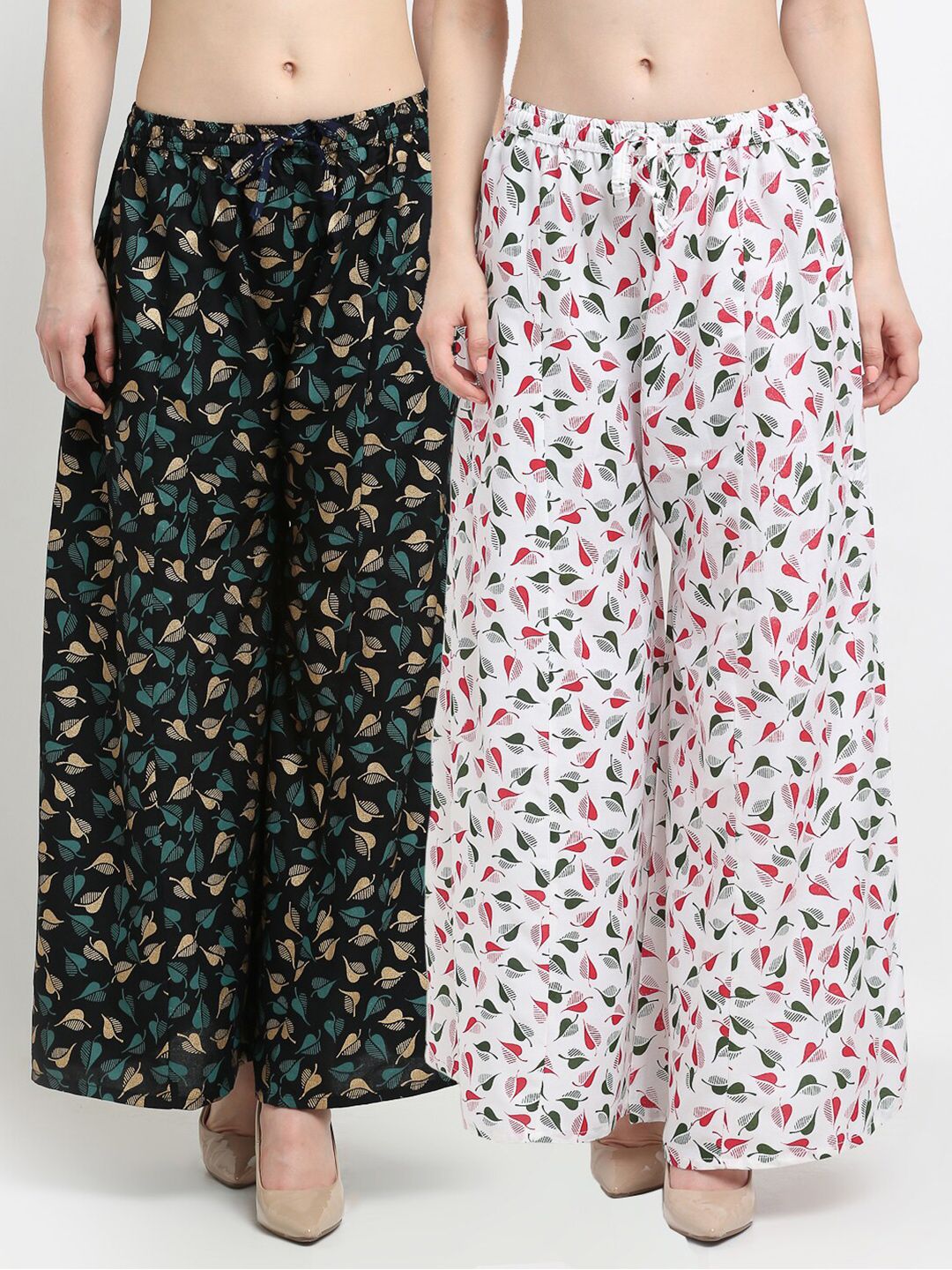 GRACIT Women Pack of 2 Black & White Floral Printed Flared Knitted Palazzos Price in India