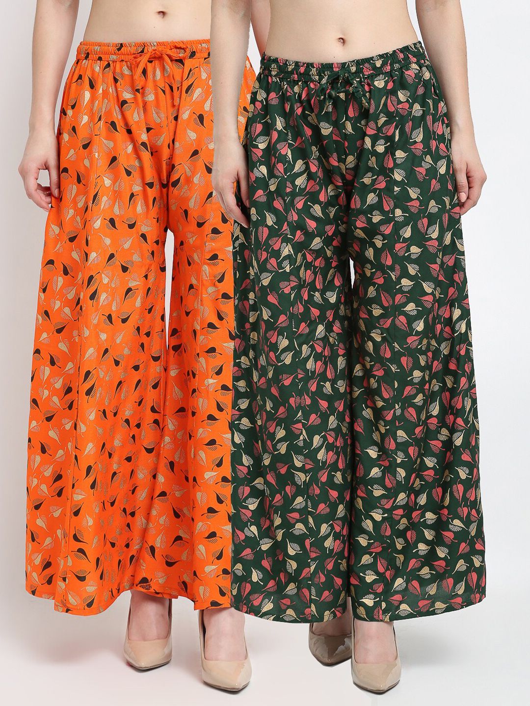 GRACIT Women Orange & Green Pack of 2 Printed Flared Knitted Ethnic Palazzos Price in India