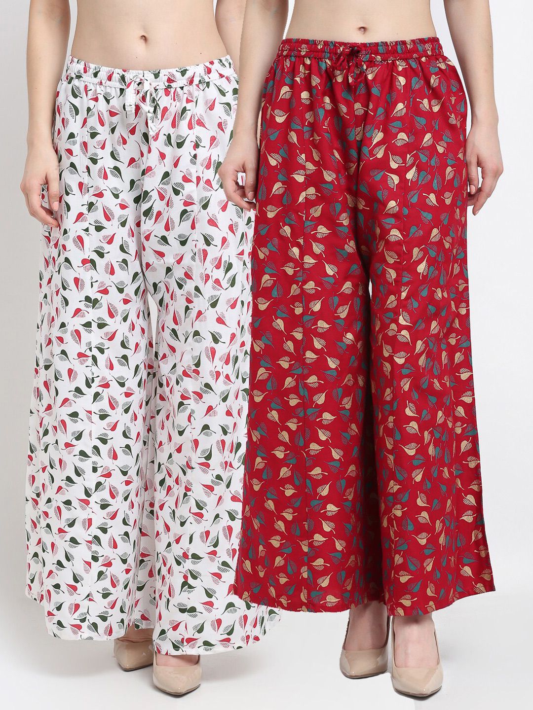 GRACIT Women White & Maroon Pack of 2 Printed Flared Knitted Ethnic Palazzos Price in India