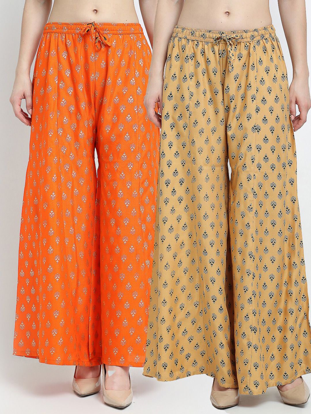 GRACIT Women Orange & Beige Pack of 2 Printed Flared Knitted Ethnic Palazzos Price in India