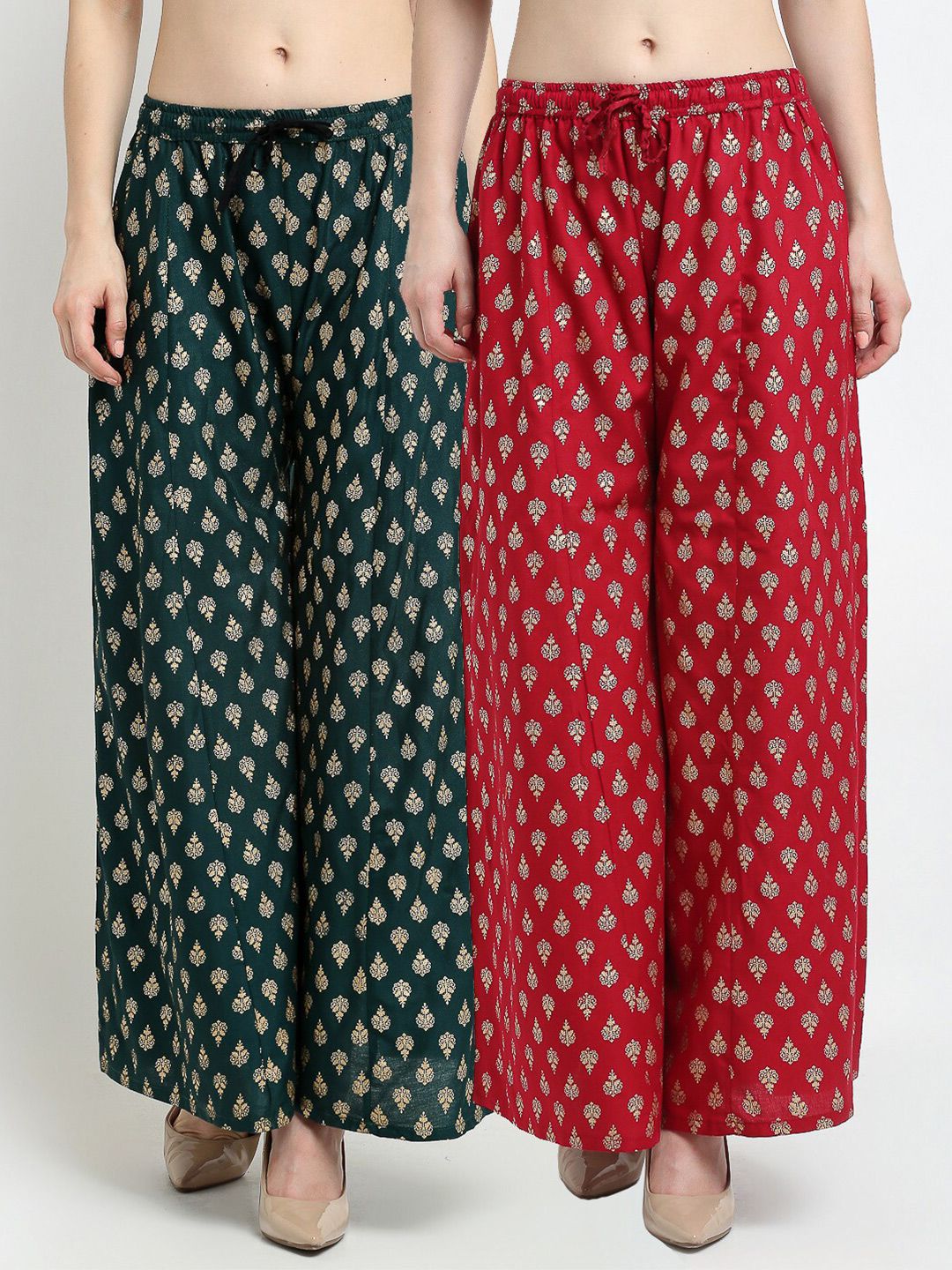 GRACIT Pack of 2 Green & Maroon Floral Printed Flared Knitted Ethnic Palazzos Price in India