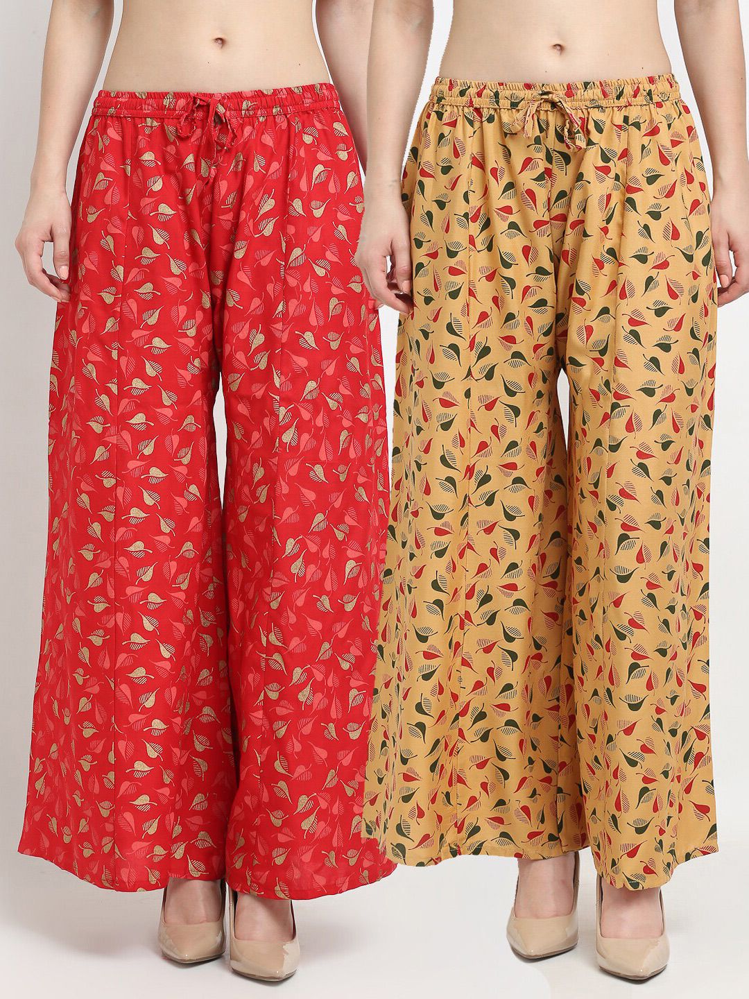 GRACIT Women Red & Beige Pack of 2 Printed Flared Knitted Ethnic Palazzos Price in India