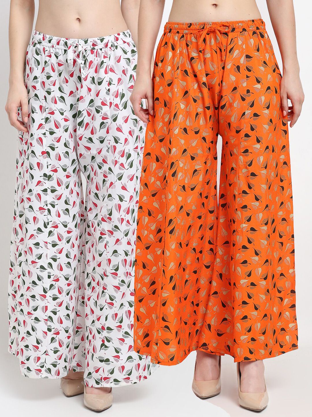 GRACIT Women White & Orange Pack of 2 Printed Flared Knitted Ethnic Palazzos Price in India