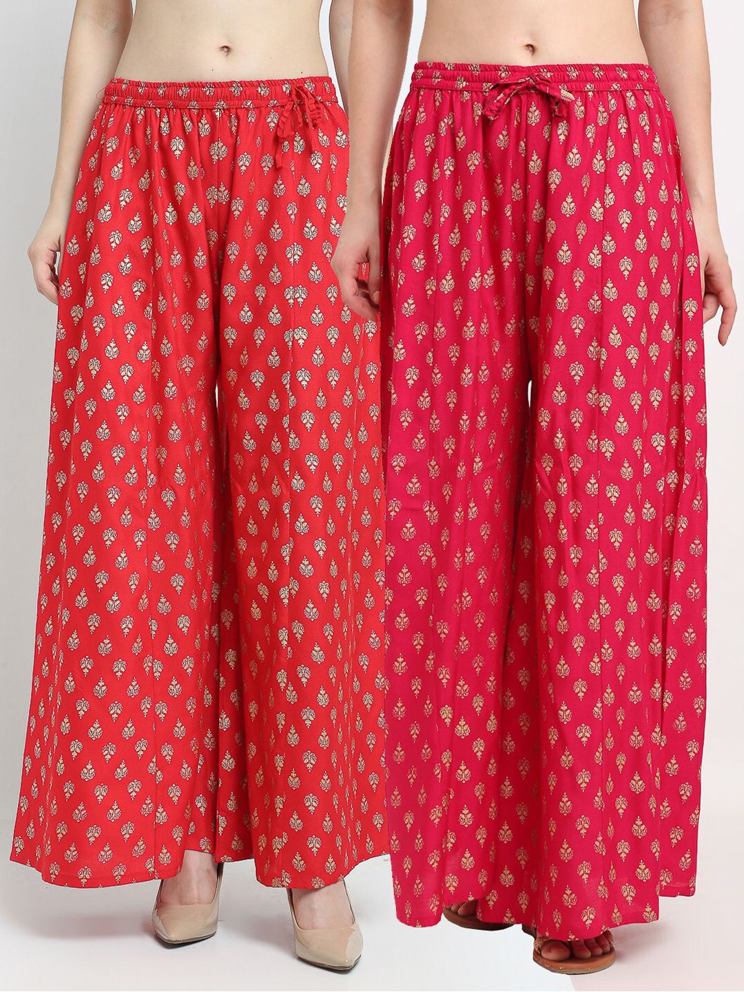 GRACIT Women Pack of 2 Red & Pink Ethnic Motifs Printed Flared Knitted Ethnic Palazzos Price in India