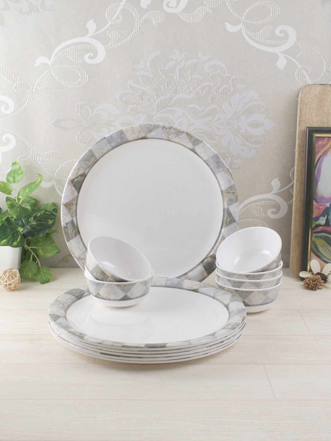 Servewell White & Grey 12 Pieces Printed Melamine Glossy Dinner Set Price in India