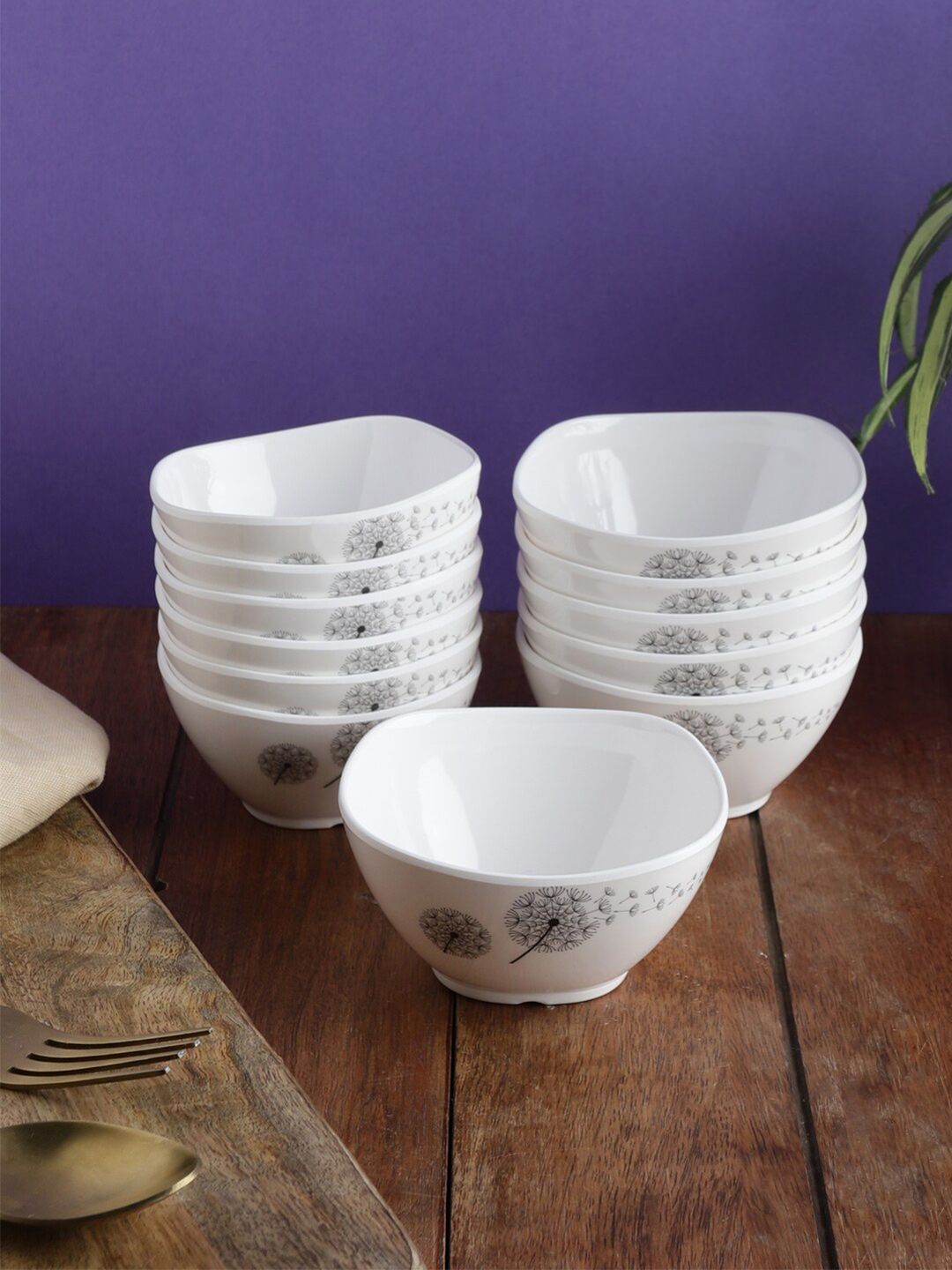 Servewell Pack 12 White Floral Printed Melamine Glossy Bowls Price in India