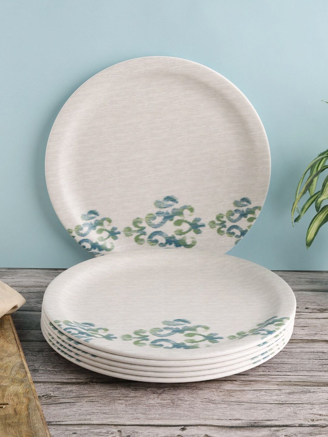 Servewell White & Green 6 Pieces Printed Melamine Glossy Plates Price in India