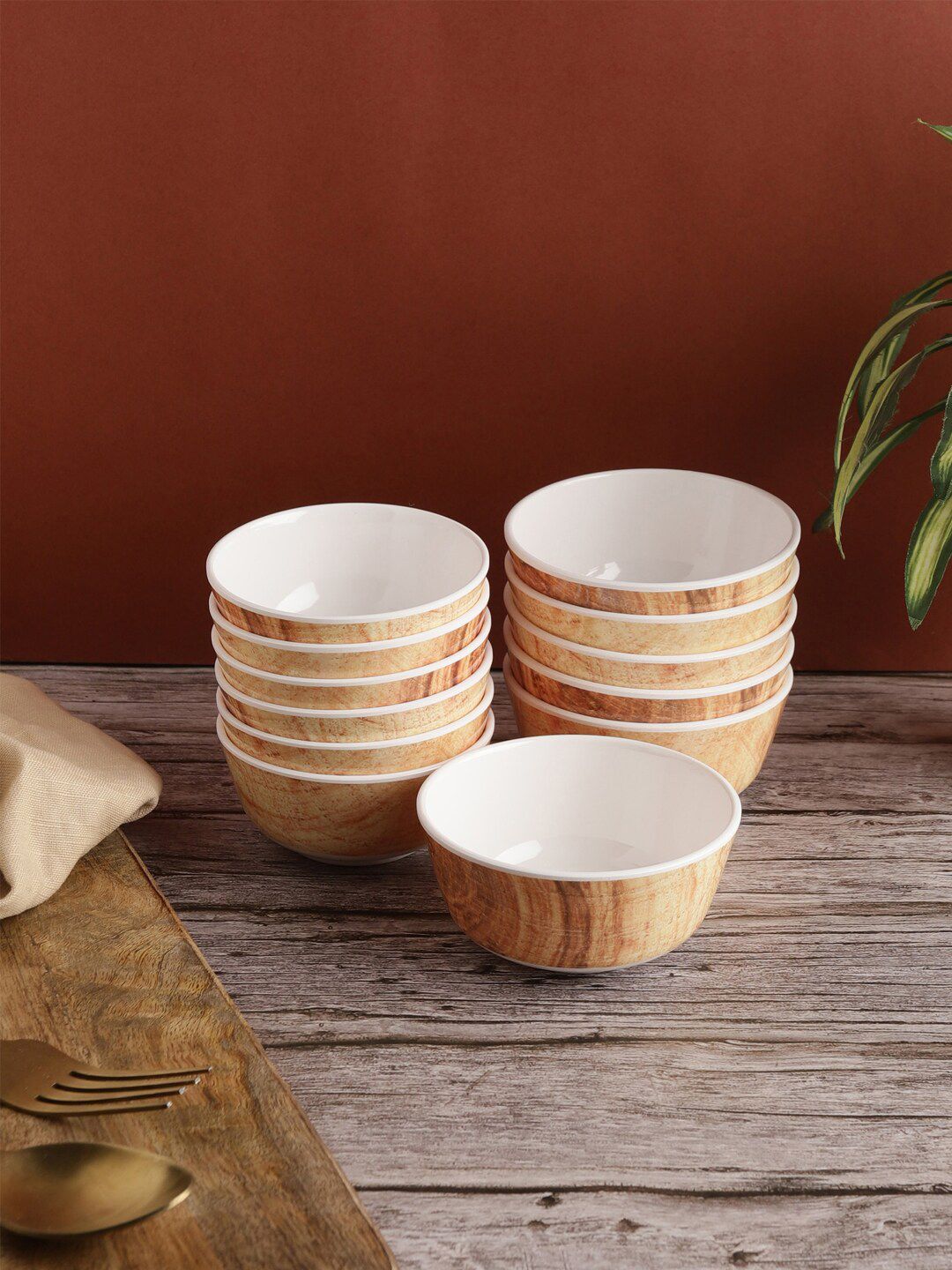 Servewell Brown & Beige 12 Pieces Printed Melamine Glossy Bowls Price in India